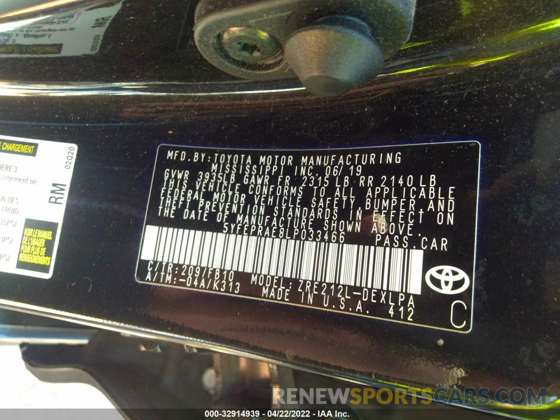 9 fotografías del automóvil dañado 5YFEPRAE8LP033466 TOYOTA COROLLA 2020