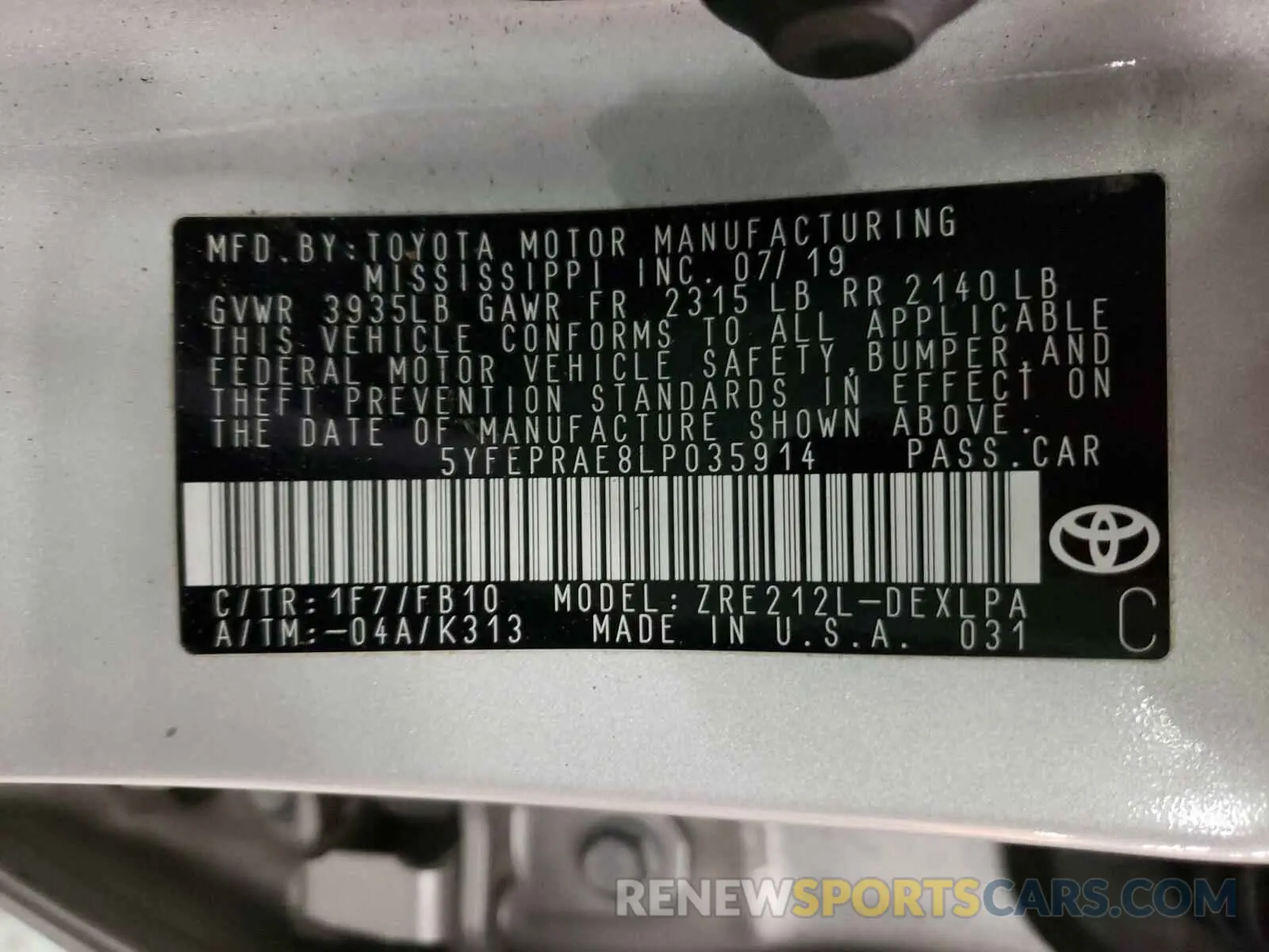 10 fotografías del automóvil dañado 5YFEPRAE8LP035914 TOYOTA COROLLA 2020