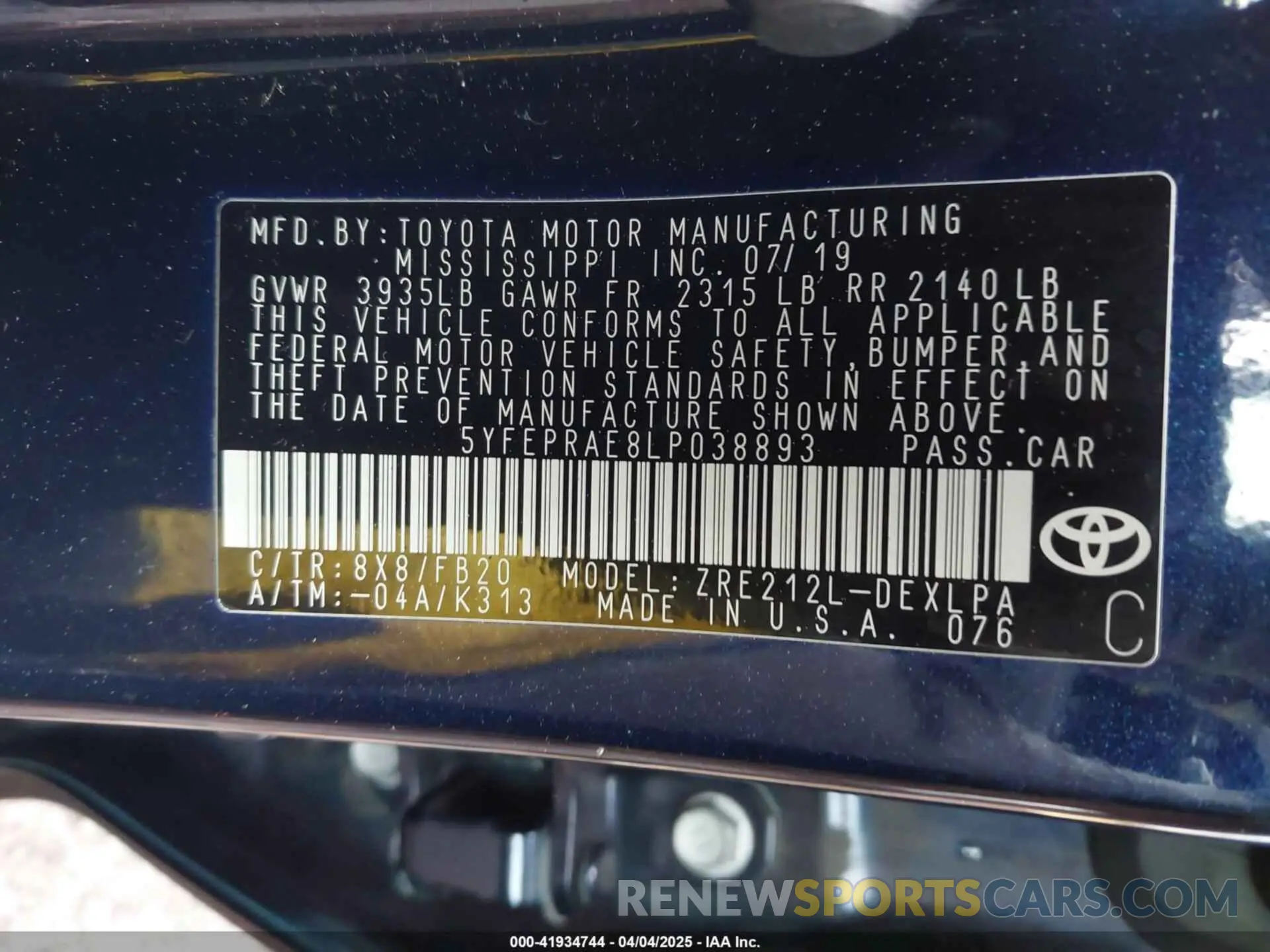 9 fotografías del automóvil dañado 5YFEPRAE8LP038893 TOYOTA COROLLA 2020