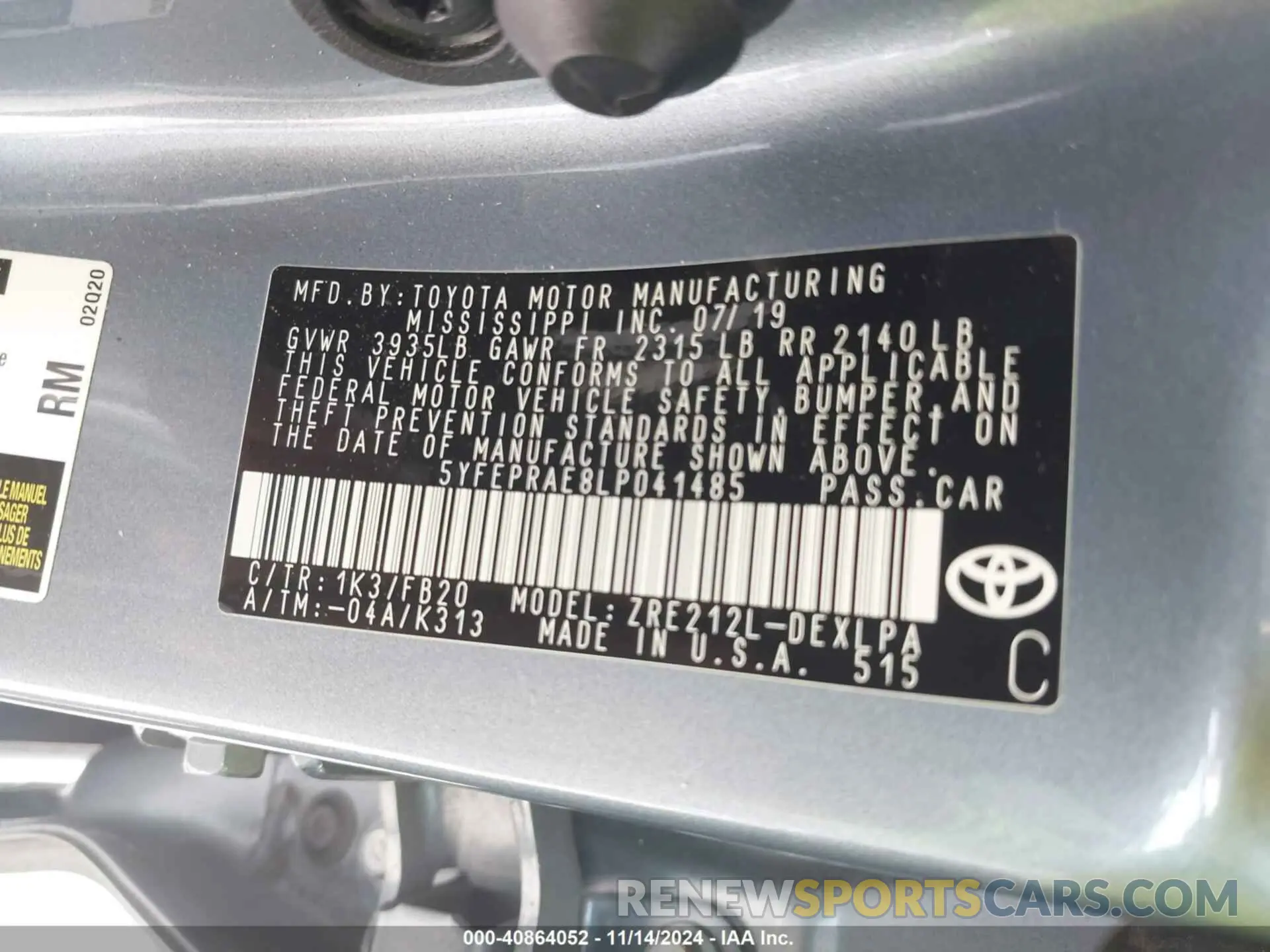 9 fotografías del automóvil dañado 5YFEPRAE8LP041485 TOYOTA COROLLA 2020