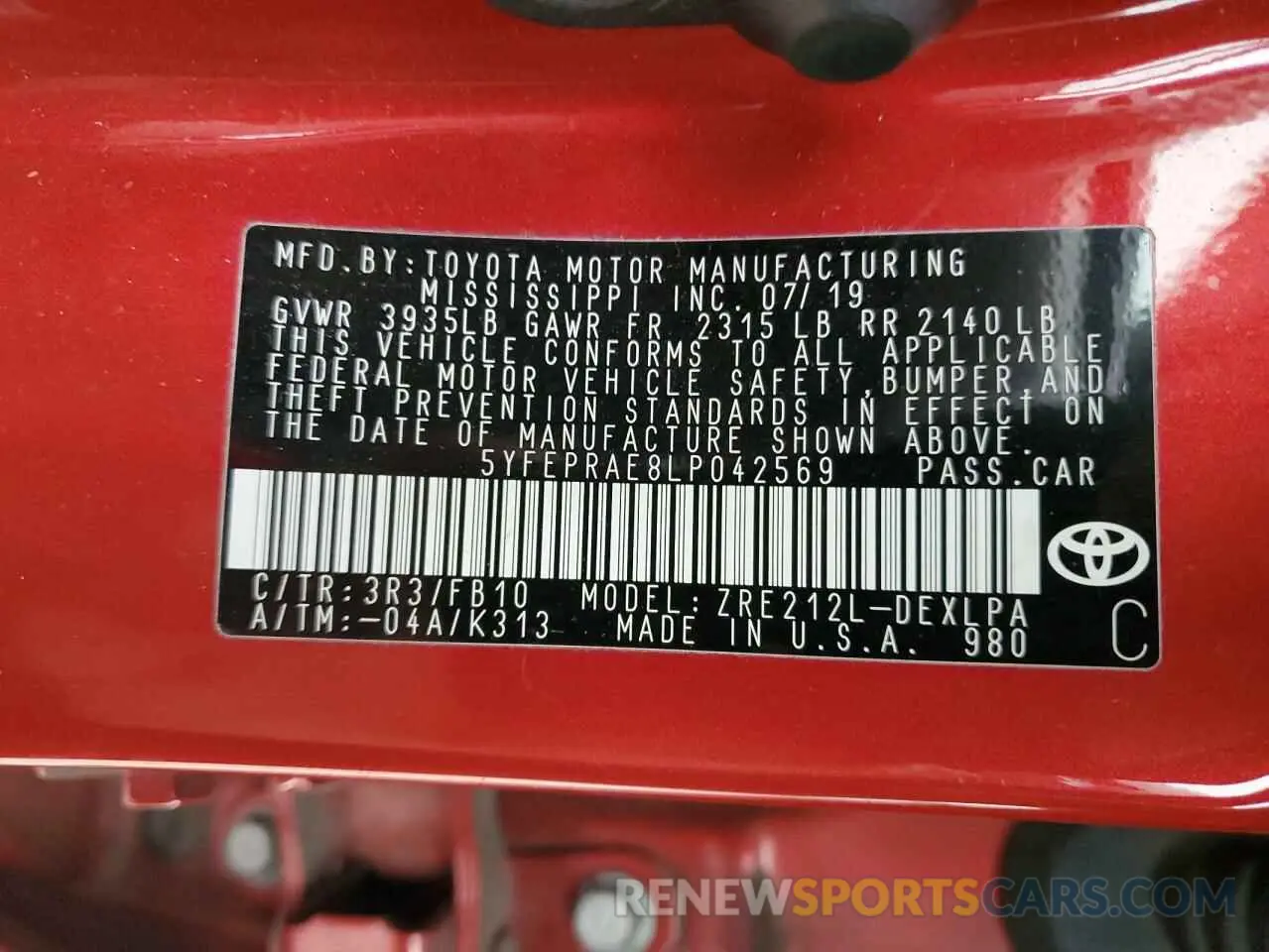12 fotografías del automóvil dañado 5YFEPRAE8LP042569 TOYOTA COROLLA 2020