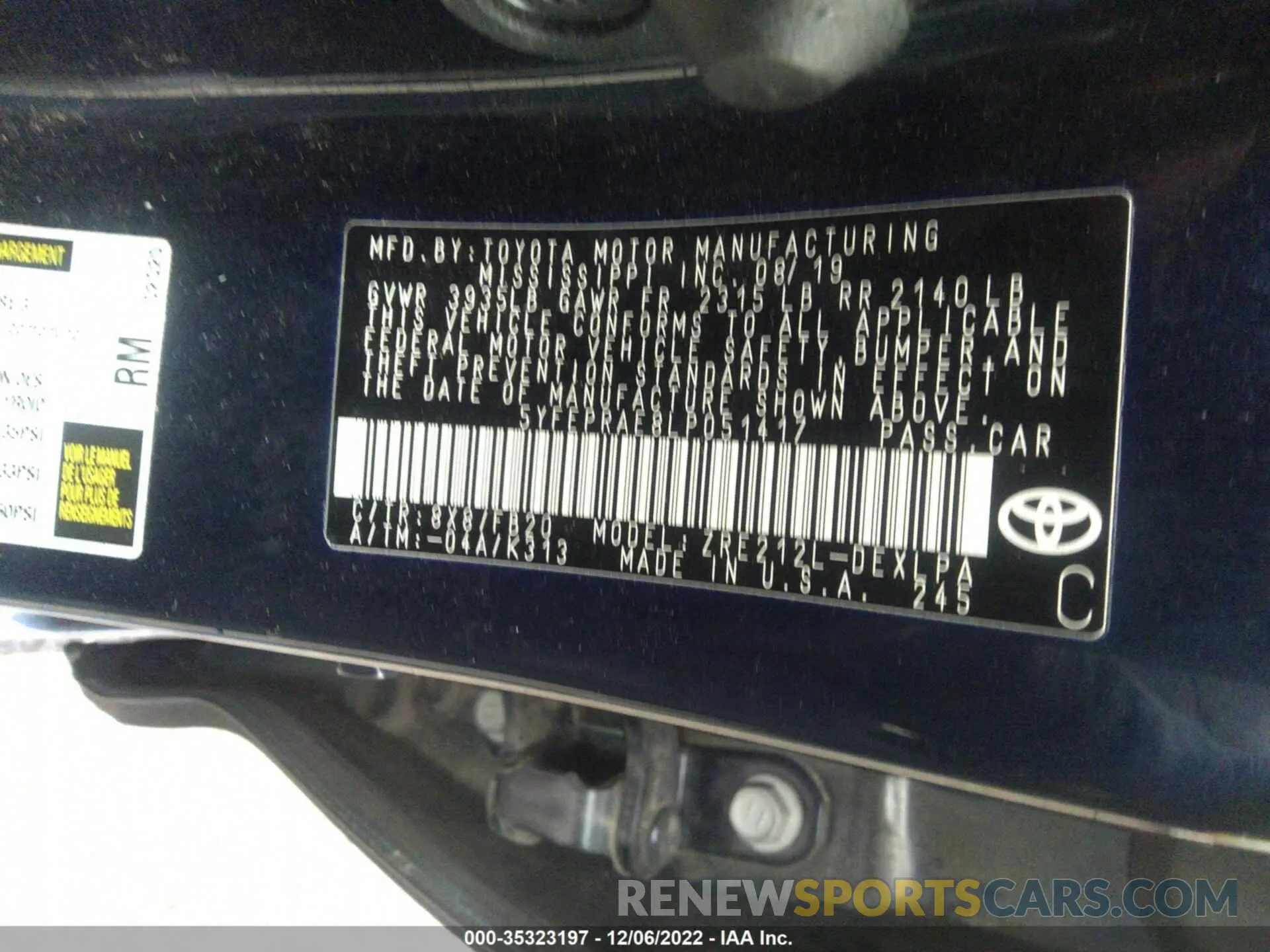 9 fotografías del automóvil dañado 5YFEPRAE8LP051417 TOYOTA COROLLA 2020