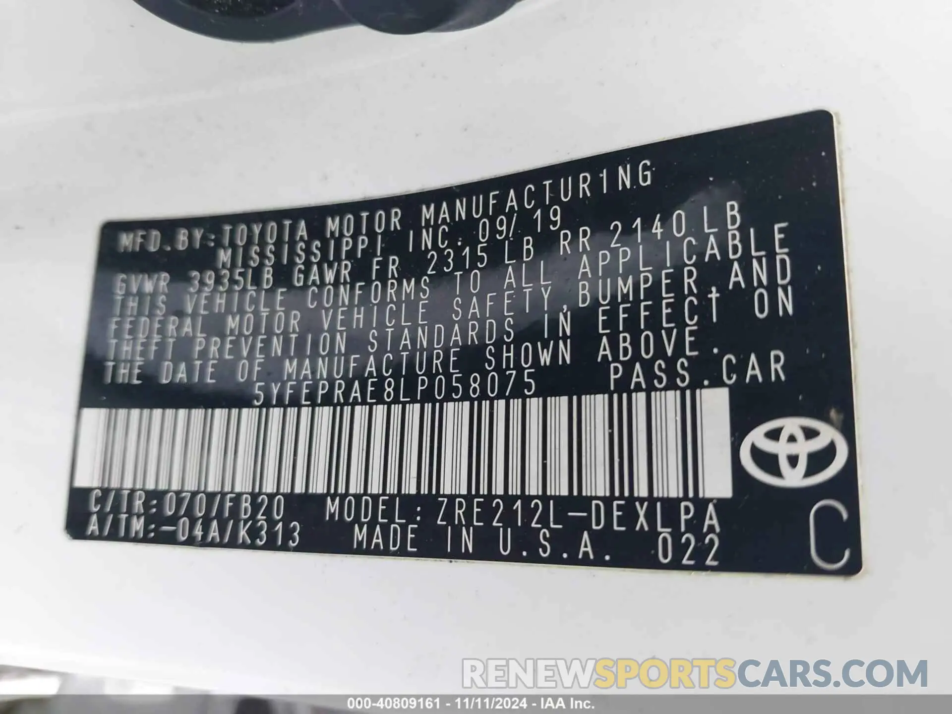 9 fotografías del automóvil dañado 5YFEPRAE8LP058075 TOYOTA COROLLA 2020
