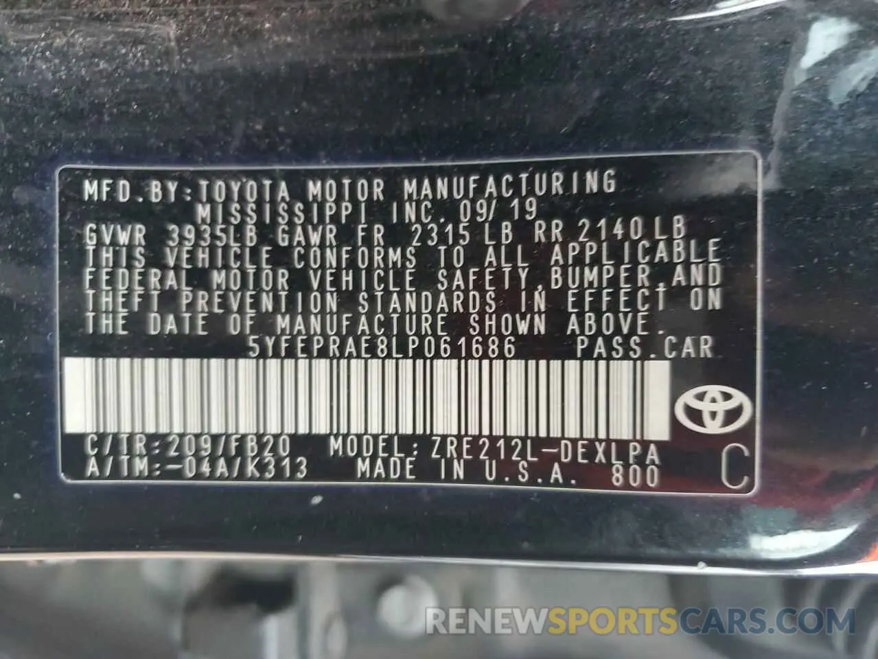 12 fotografías del automóvil dañado 5YFEPRAE8LP061686 TOYOTA COROLLA 2020