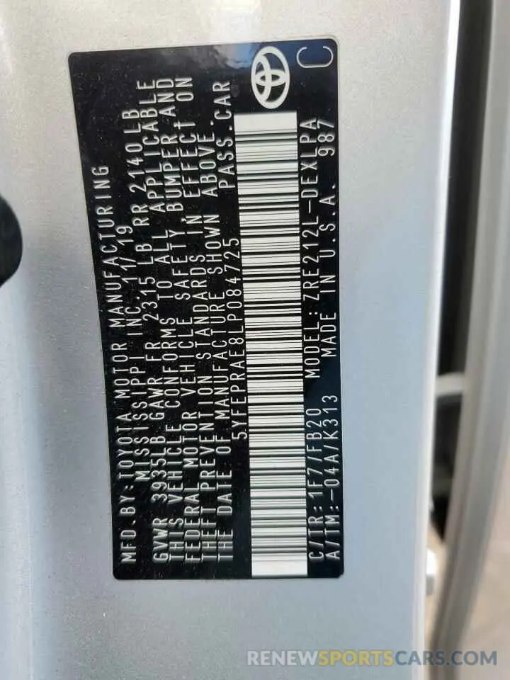 12 fotografías del automóvil dañado 5YFEPRAE8LP084725 TOYOTA COROLLA 2020