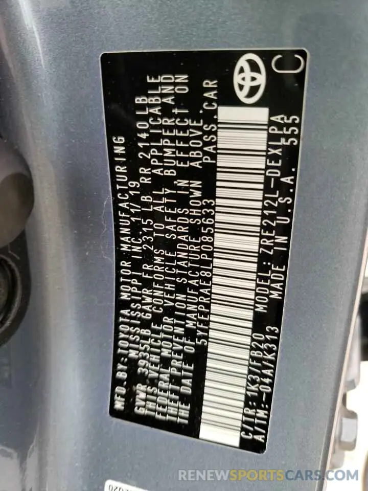10 fotografías del automóvil dañado 5YFEPRAE8LP085633 TOYOTA COROLLA 2020
