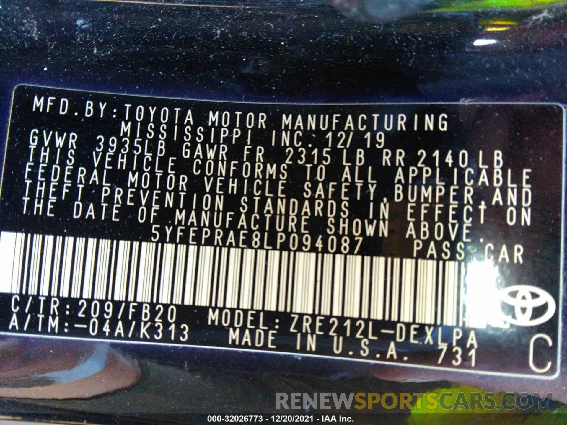 9 fotografías del automóvil dañado 5YFEPRAE8LP094087 TOYOTA COROLLA 2020