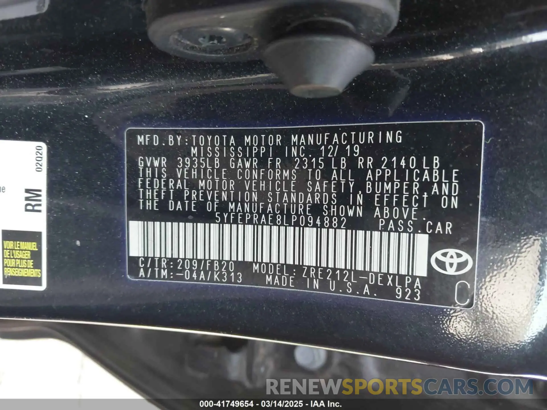 9 fotografías del automóvil dañado 5YFEPRAE8LP094882 TOYOTA COROLLA 2020