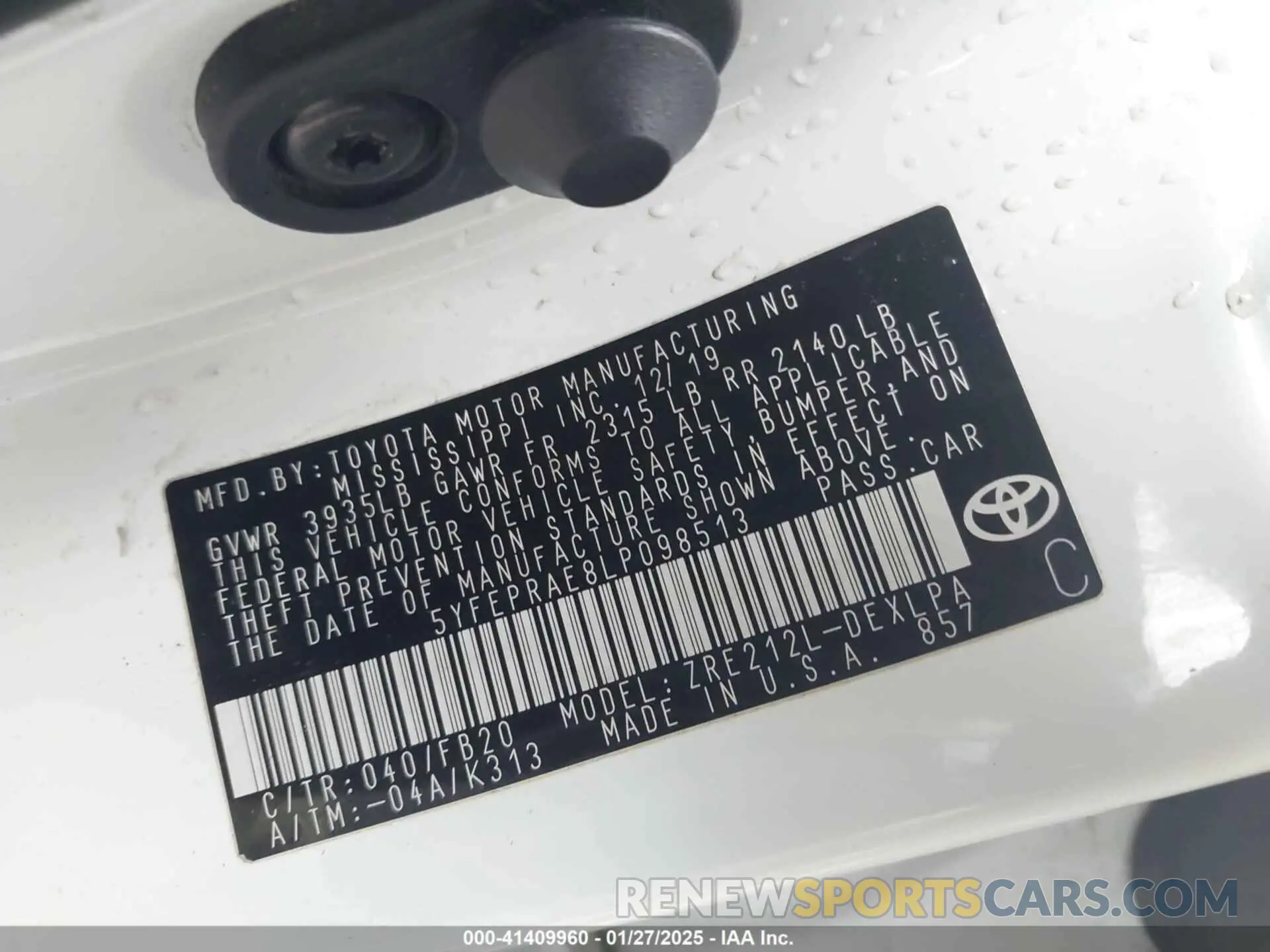9 fotografías del automóvil dañado 5YFEPRAE8LP098513 TOYOTA COROLLA 2020