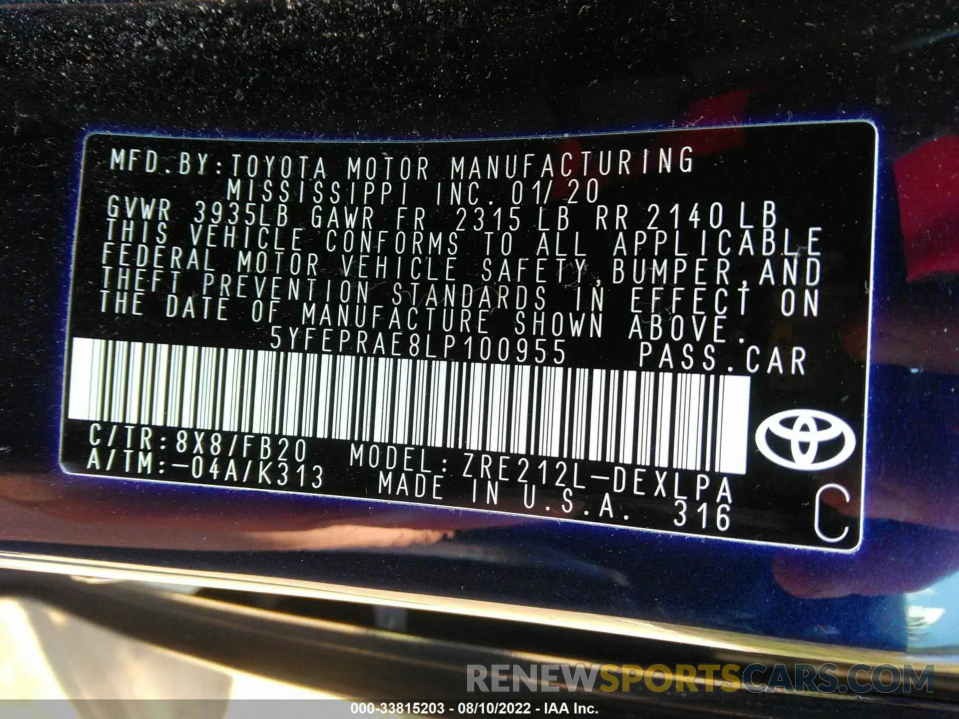 9 fotografías del automóvil dañado 5YFEPRAE8LP100955 TOYOTA COROLLA 2020