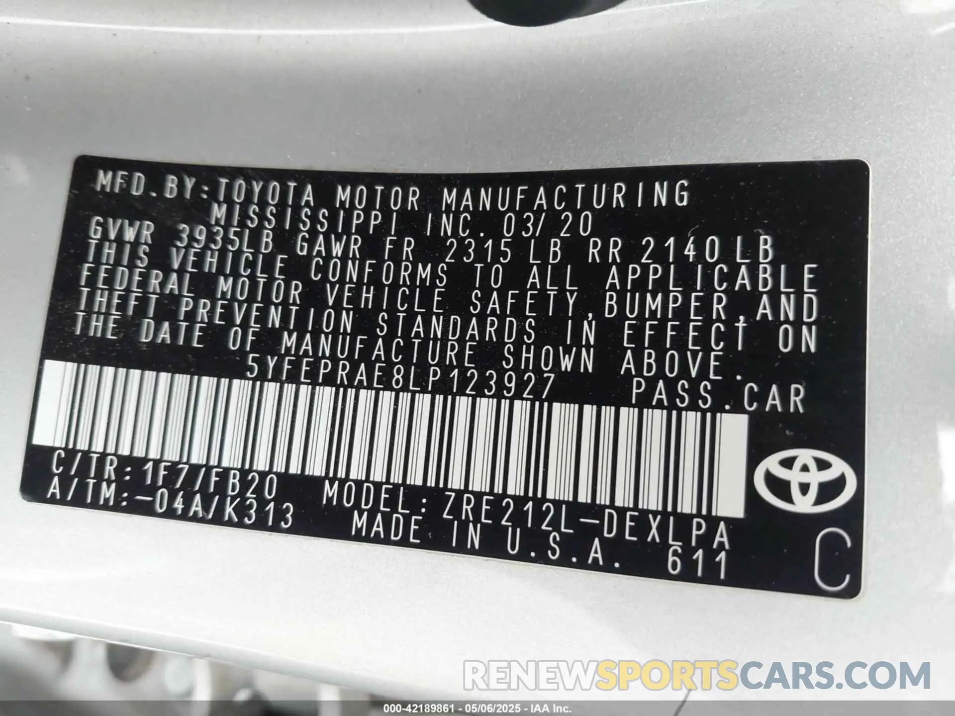9 fotografías del automóvil dañado 5YFEPRAE8LP123927 TOYOTA COROLLA 2020