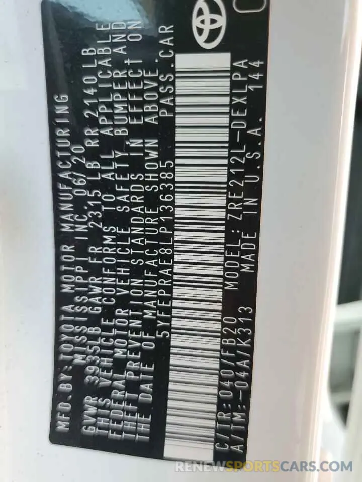12 fotografías del automóvil dañado 5YFEPRAE8LP136385 TOYOTA COROLLA 2020