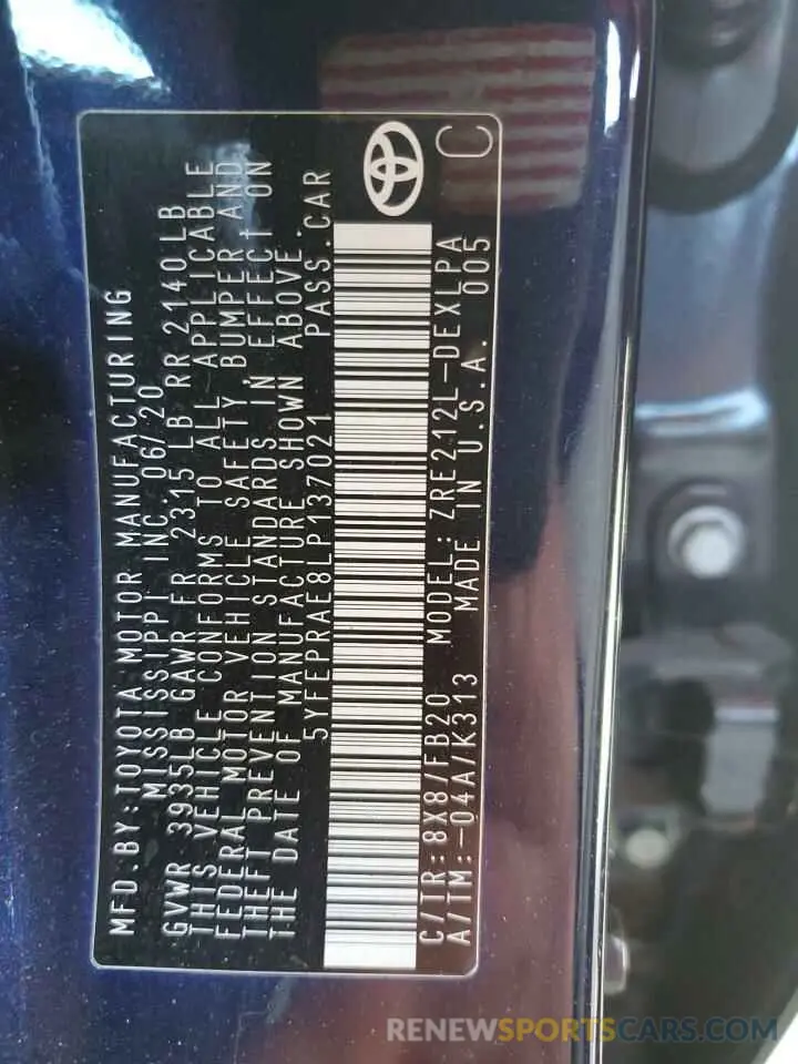 12 fotografías del automóvil dañado 5YFEPRAE8LP137021 TOYOTA COROLLA 2020