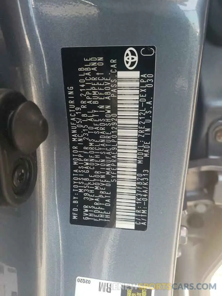 12 fotografías del automóvil dañado 5YFEPRAE9LP012920 TOYOTA COROLLA 2020