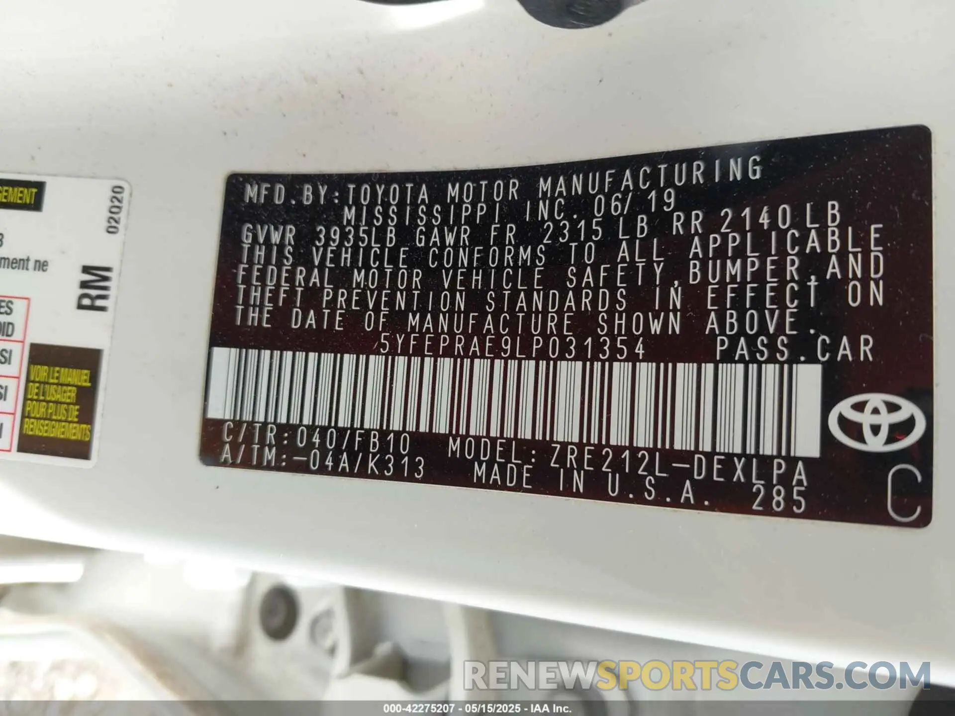 9 fotografías del automóvil dañado 5YFEPRAE9LP031354 TOYOTA COROLLA 2020