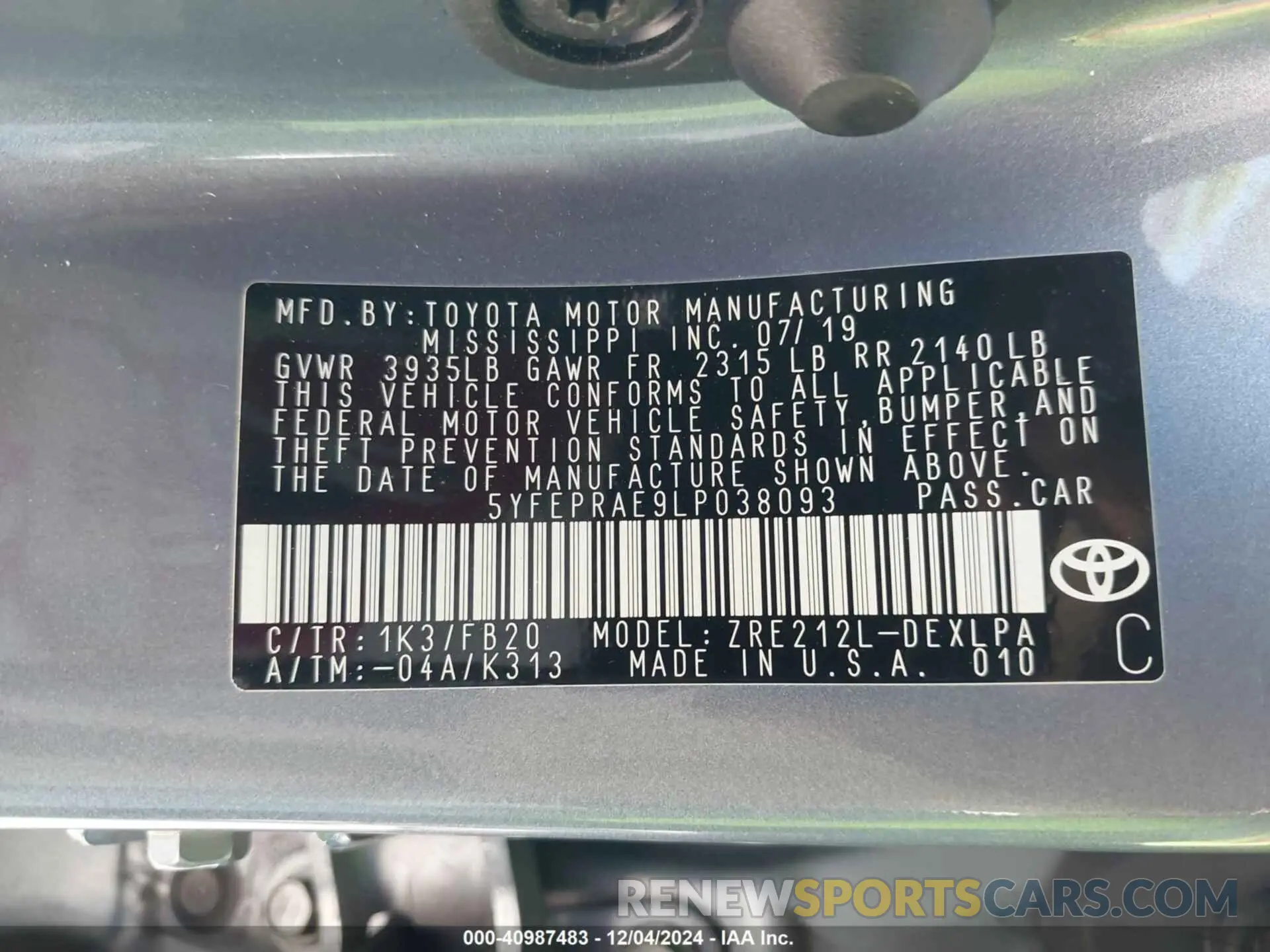 9 fotografías del automóvil dañado 5YFEPRAE9LP038093 TOYOTA COROLLA 2020