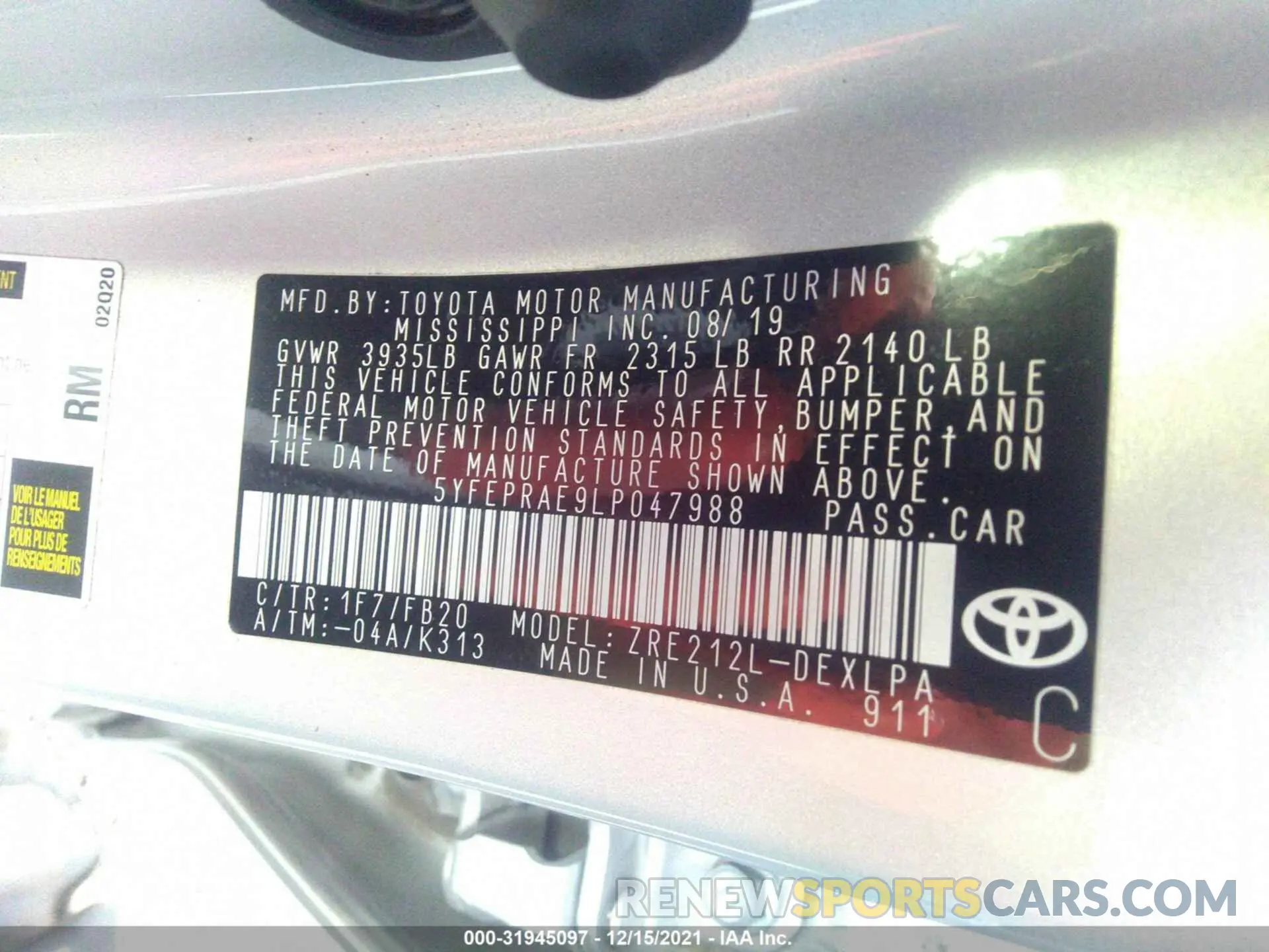 9 fotografías del automóvil dañado 5YFEPRAE9LP047988 TOYOTA COROLLA 2020