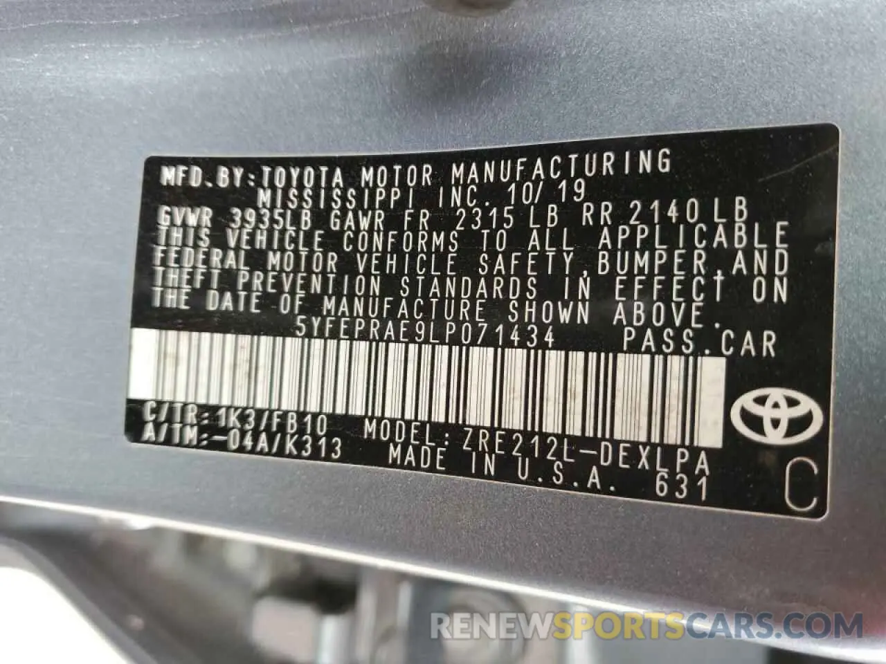 12 fotografías del automóvil dañado 5YFEPRAE9LP071434 TOYOTA COROLLA 2020