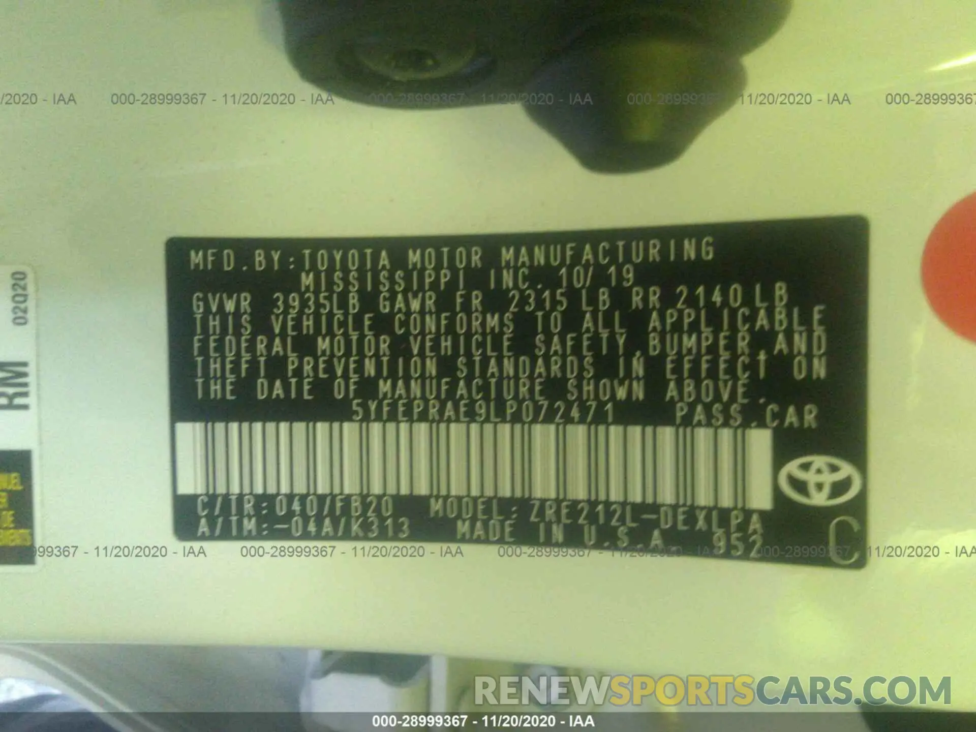 9 fotografías del automóvil dañado 5YFEPRAE9LP072471 TOYOTA COROLLA 2020