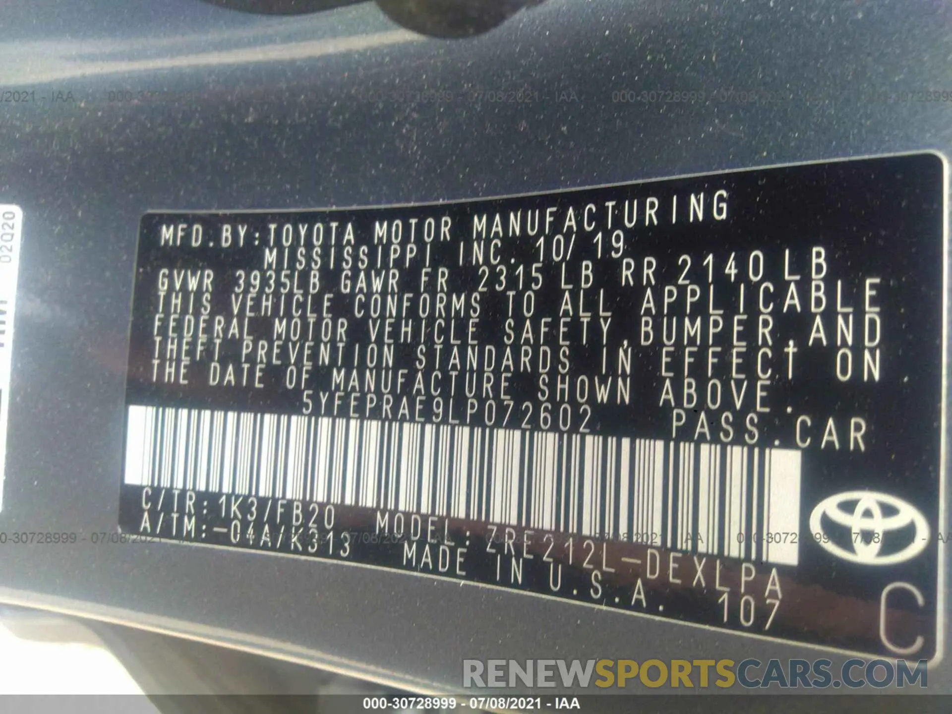9 fotografías del automóvil dañado 5YFEPRAE9LP072602 TOYOTA COROLLA 2020