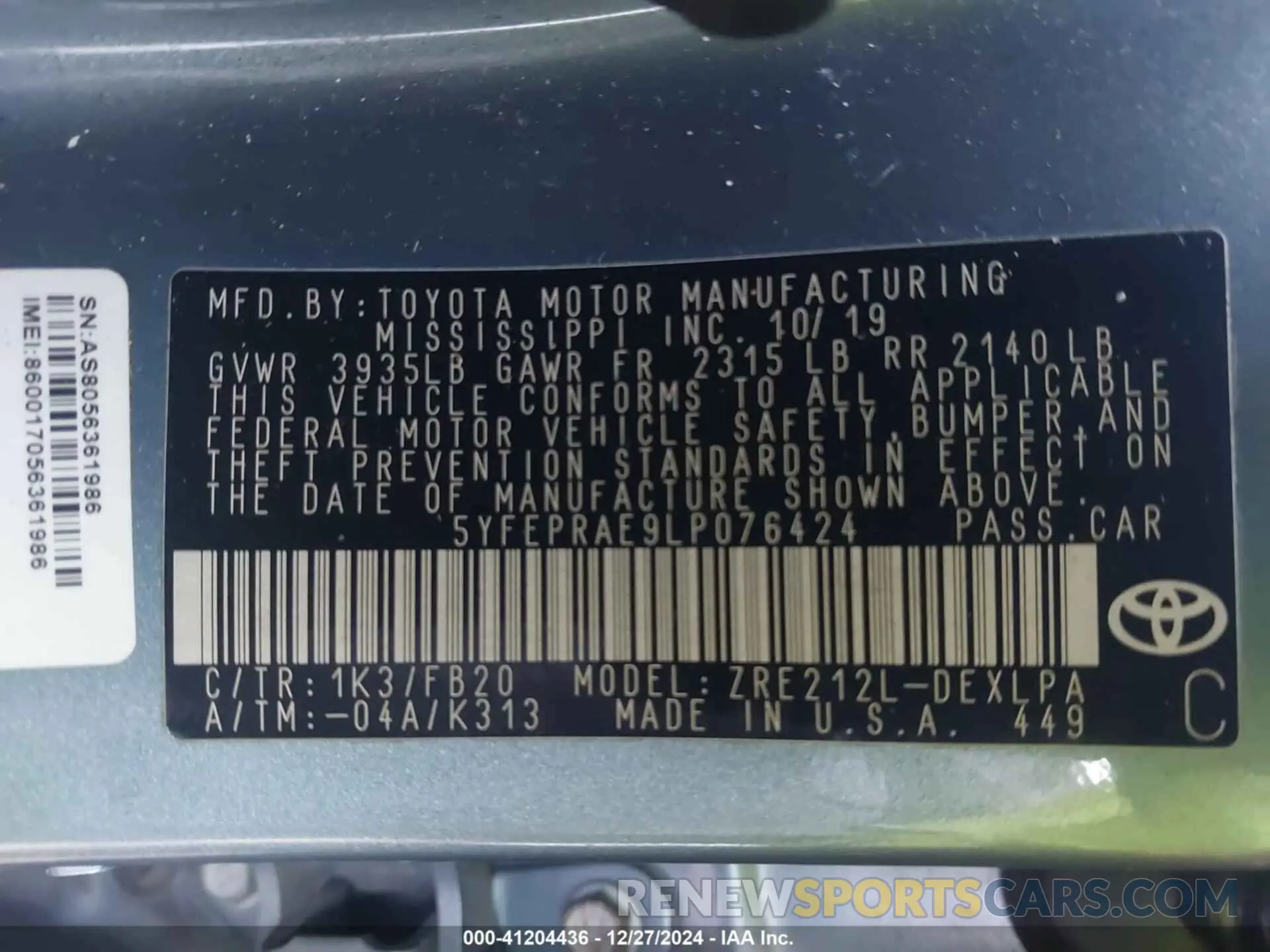 9 fotografías del automóvil dañado 5YFEPRAE9LP076424 TOYOTA COROLLA 2020