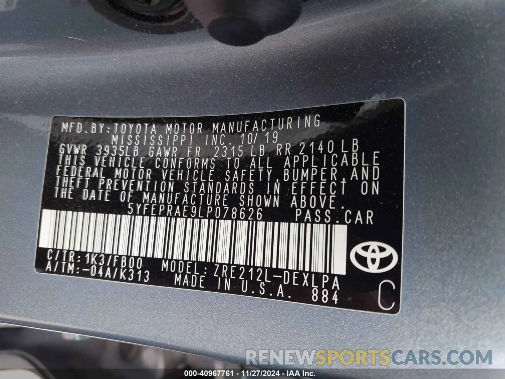 9 fotografías del automóvil dañado 5YFEPRAE9LP078626 TOYOTA COROLLA 2020