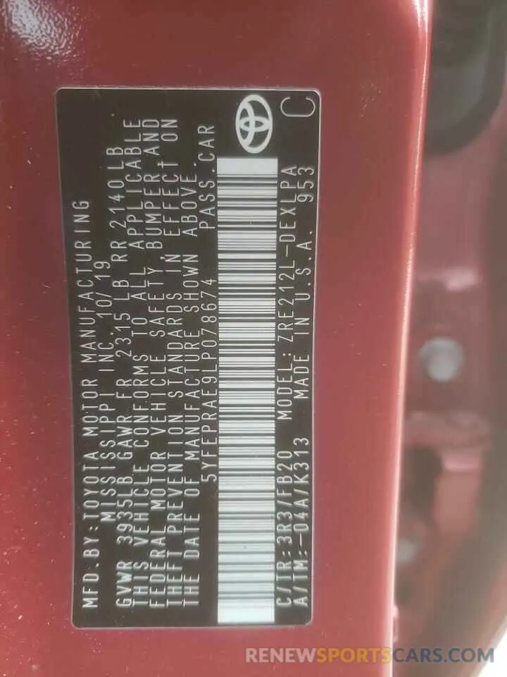 14 fotografías del automóvil dañado 5YFEPRAE9LP078674 TOYOTA COROLLA 2020
