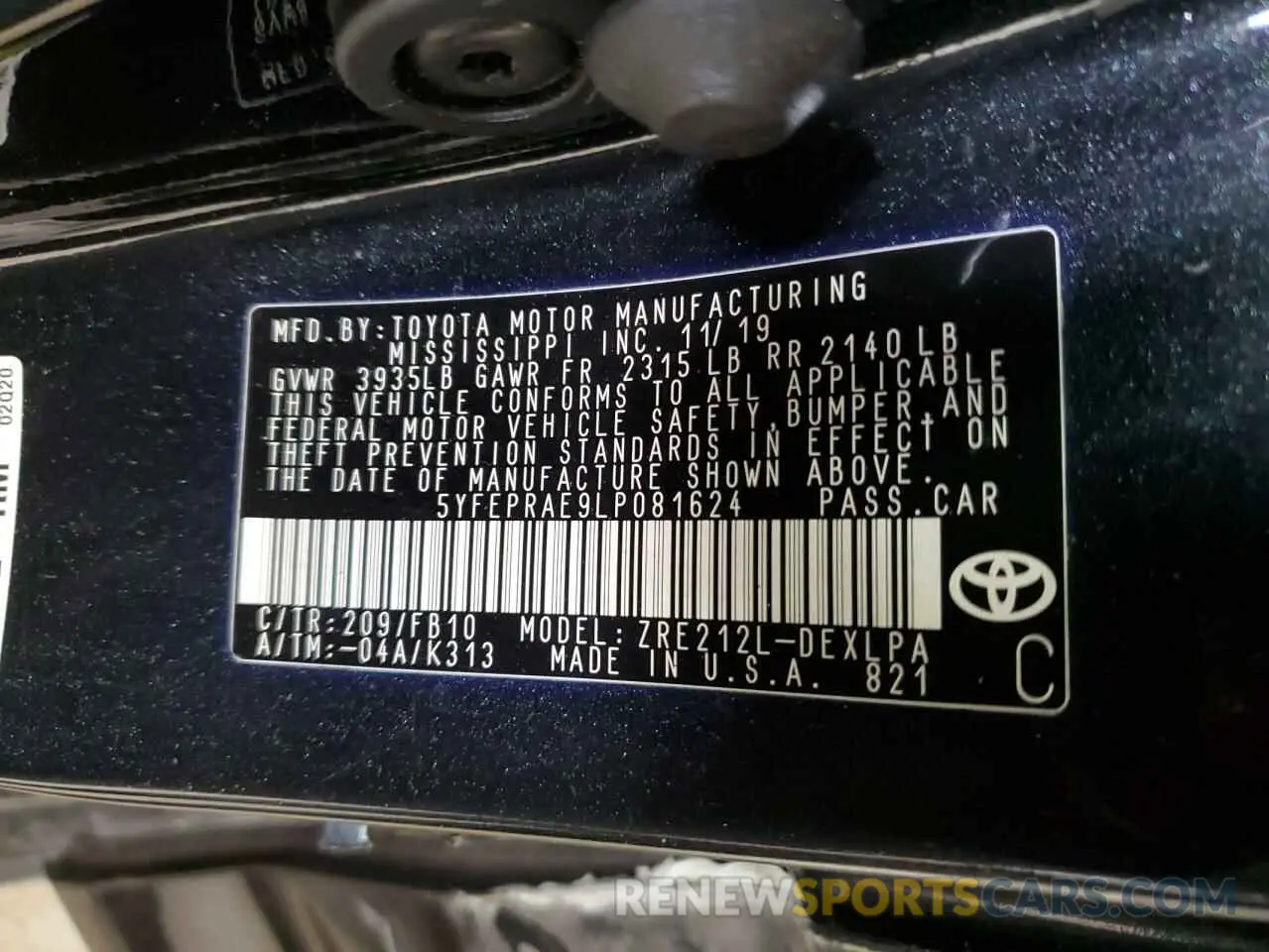 12 fotografías del automóvil dañado 5YFEPRAE9LP081624 TOYOTA COROLLA 2020