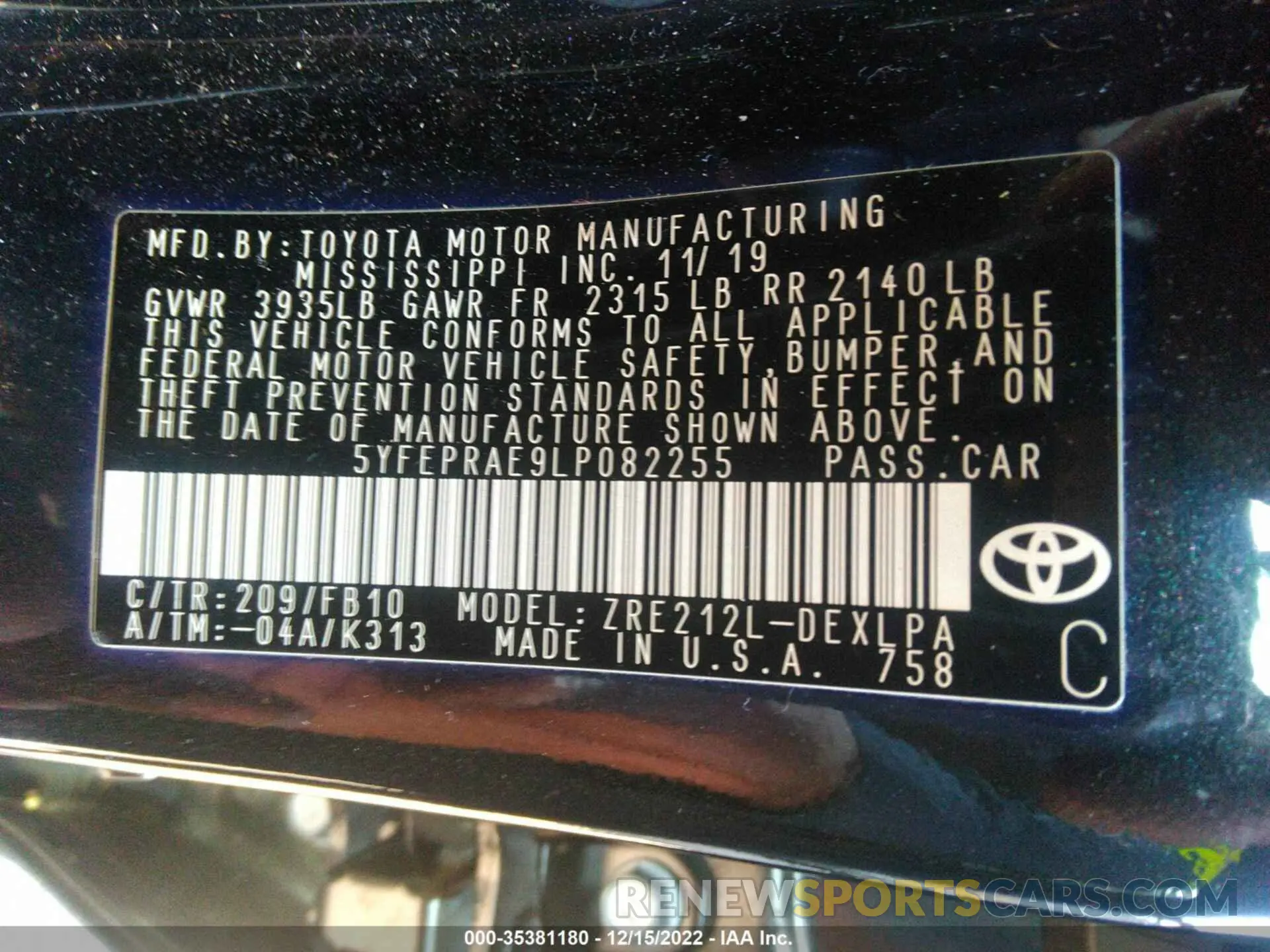 9 fotografías del automóvil dañado 5YFEPRAE9LP082255 TOYOTA COROLLA 2020
