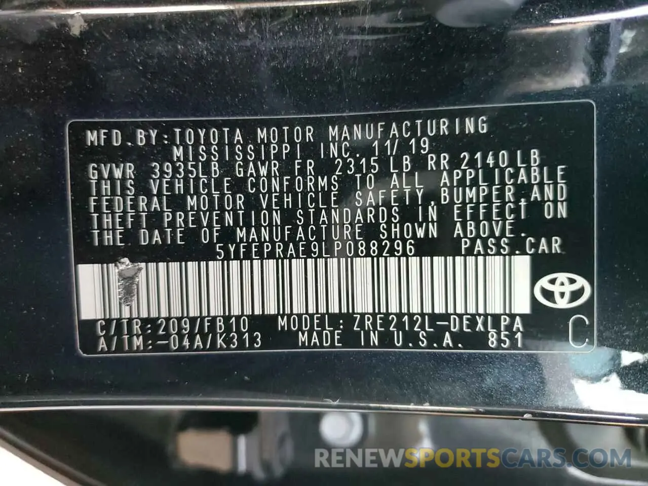 12 fotografías del automóvil dañado 5YFEPRAE9LP088296 TOYOTA COROLLA 2020