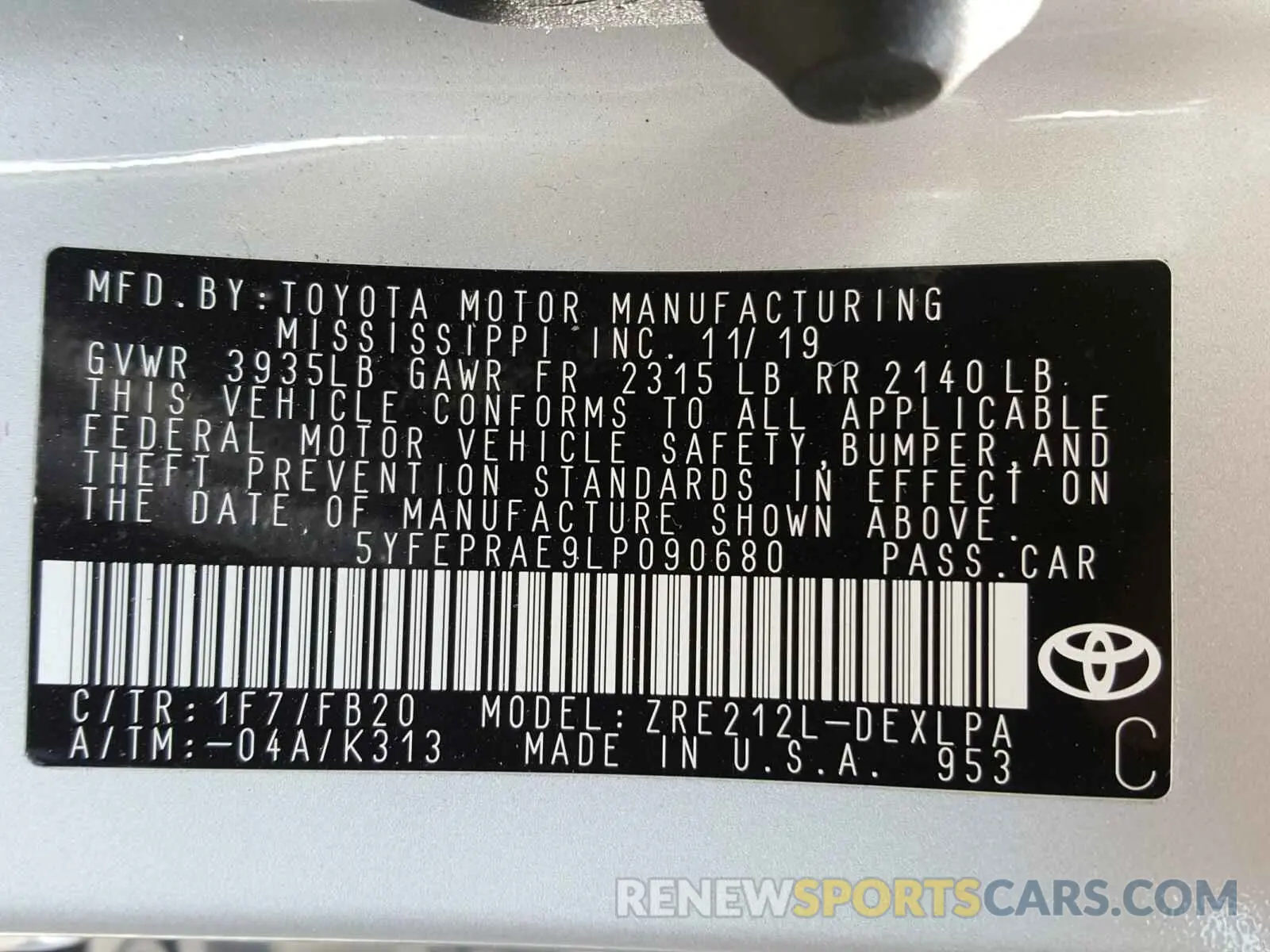 10 fotografías del automóvil dañado 5YFEPRAE9LP090680 TOYOTA COROLLA 2020