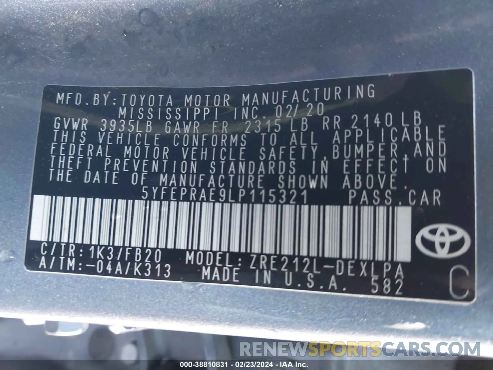 9 fotografías del automóvil dañado 5YFEPRAE9LP115321 TOYOTA COROLLA 2020