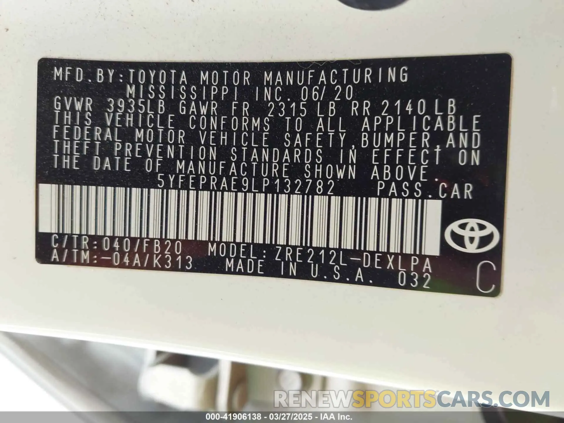 9 fotografías del automóvil dañado 5YFEPRAE9LP132782 TOYOTA COROLLA 2020
