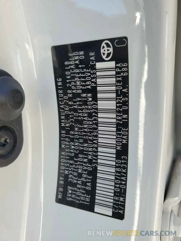 12 fotografías del automóvil dañado 5YFEPRAE9LP137707 TOYOTA COROLLA 2020