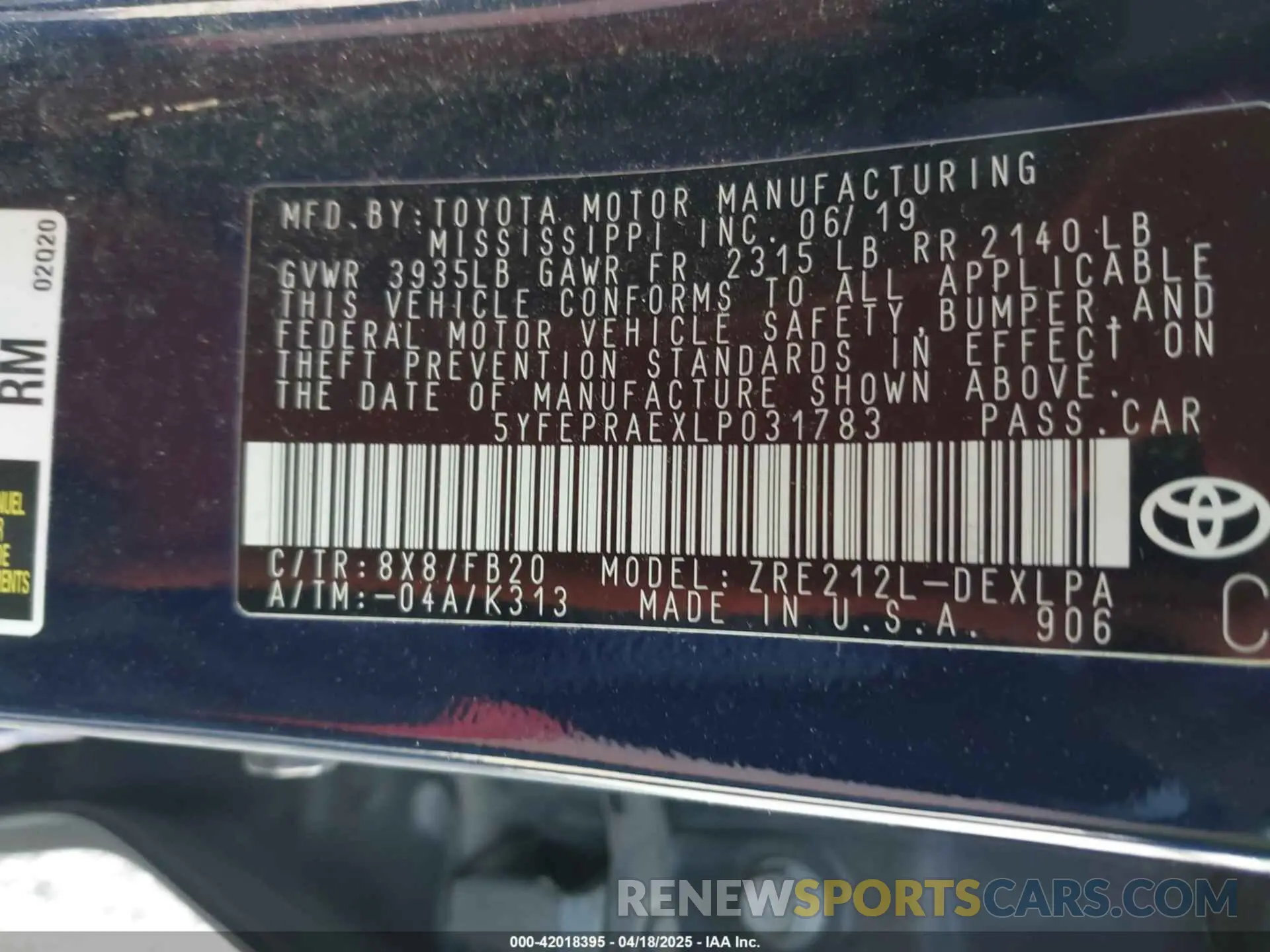 9 fotografías del automóvil dañado 5YFEPRAEXLP031783 TOYOTA COROLLA 2020