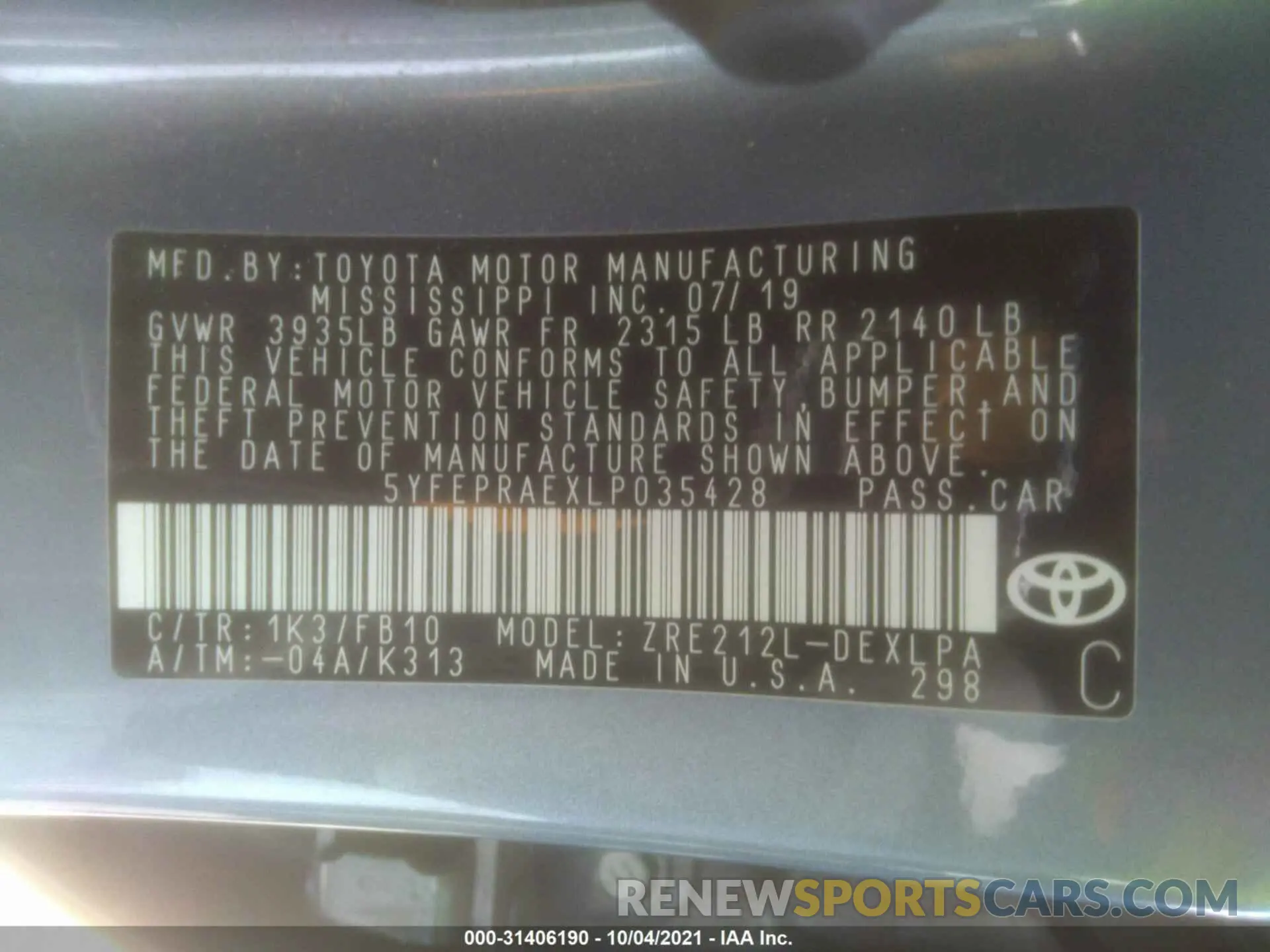 9 fotografías del automóvil dañado 5YFEPRAEXLP035428 TOYOTA COROLLA 2020