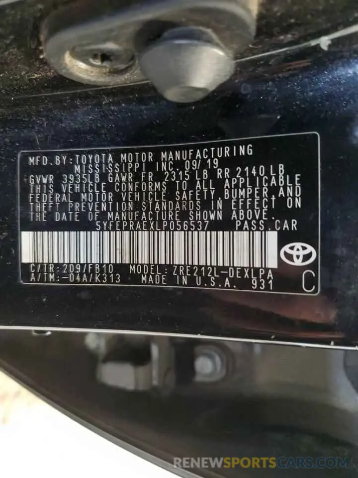 12 fotografías del automóvil dañado 5YFEPRAEXLP056537 TOYOTA COROLLA 2020