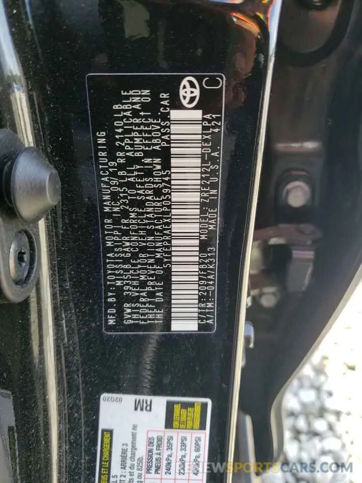 10 fotografías del automóvil dañado 5YFEPRAEXLP059745 TOYOTA COROLLA 2020