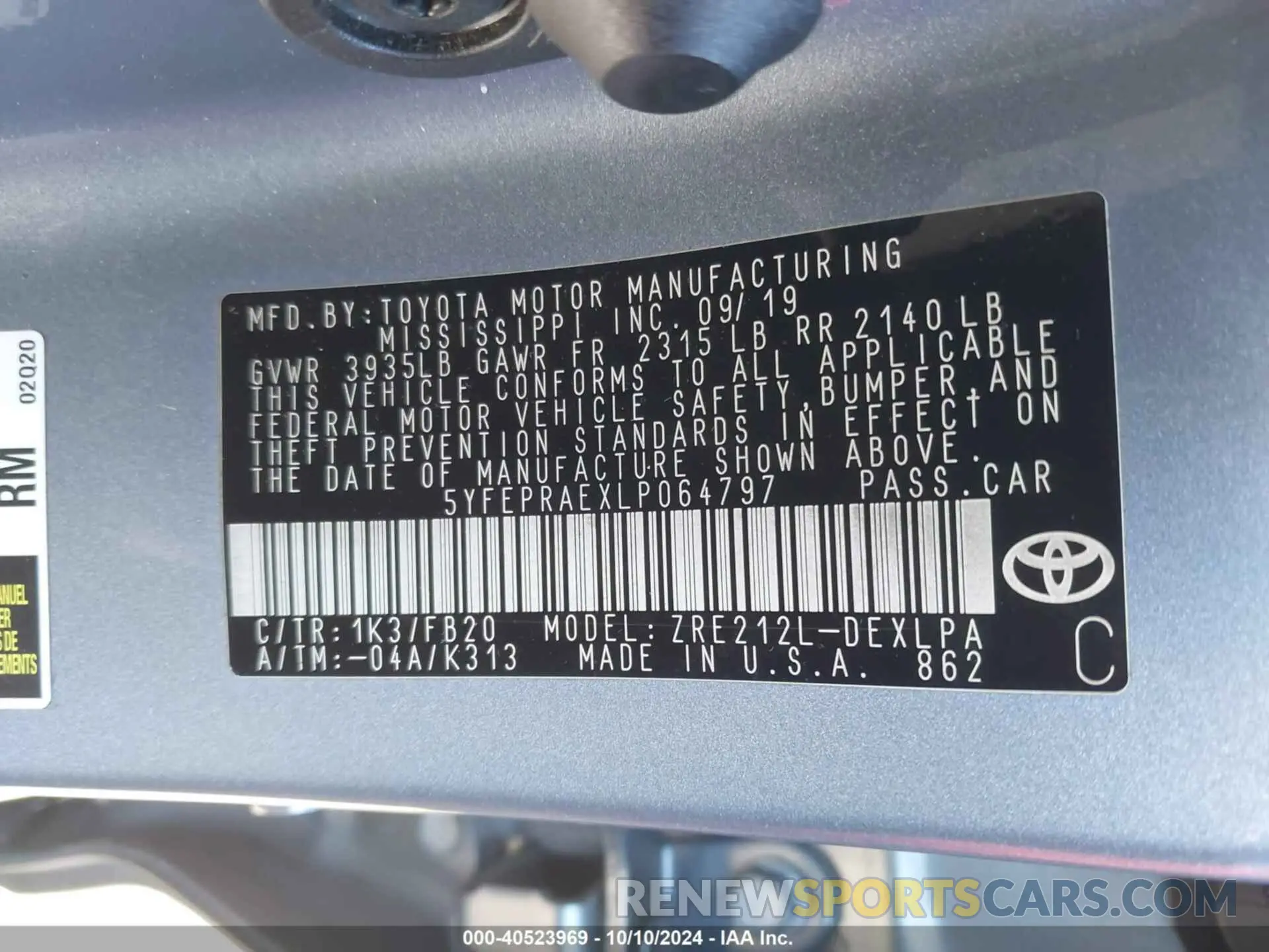 9 fotografías del automóvil dañado 5YFEPRAEXLP064797 TOYOTA COROLLA 2020