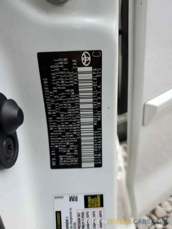 12 fotografías del automóvil dañado 5YFEPRAEXLP072883 TOYOTA COROLLA 2020