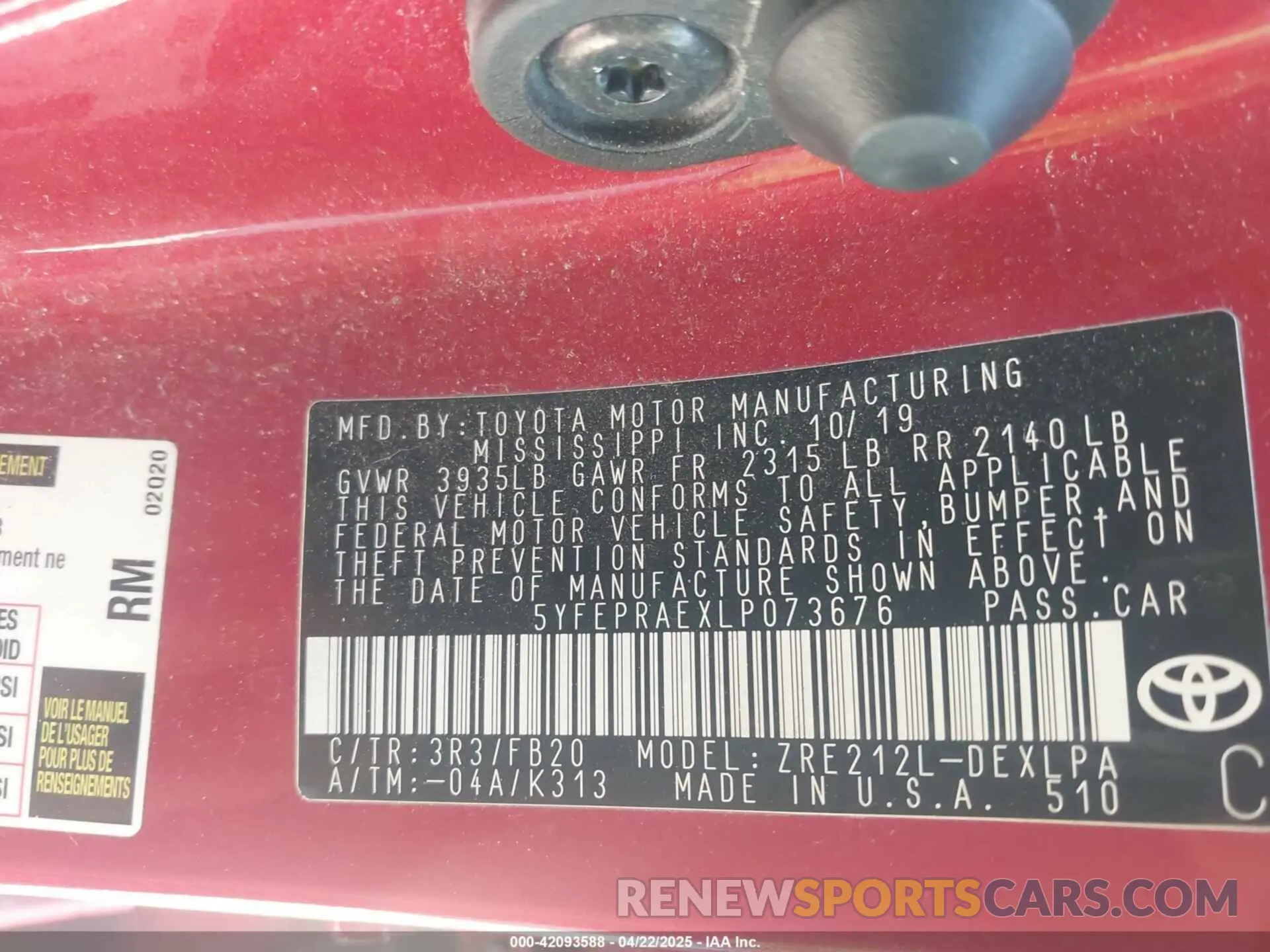 9 fotografías del automóvil dañado 5YFEPRAEXLP073676 TOYOTA COROLLA 2020