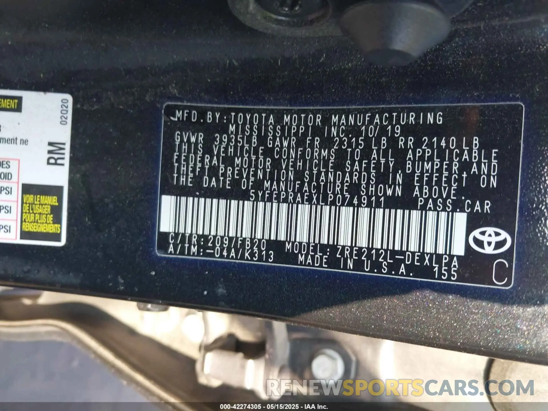 9 fotografías del automóvil dañado 5YFEPRAEXLP074911 TOYOTA COROLLA 2020