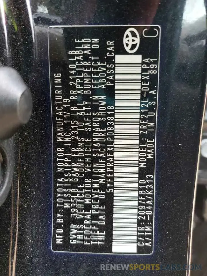14 fotografías del automóvil dañado 5YFEPRAEXLP083818 TOYOTA COROLLA 2020
