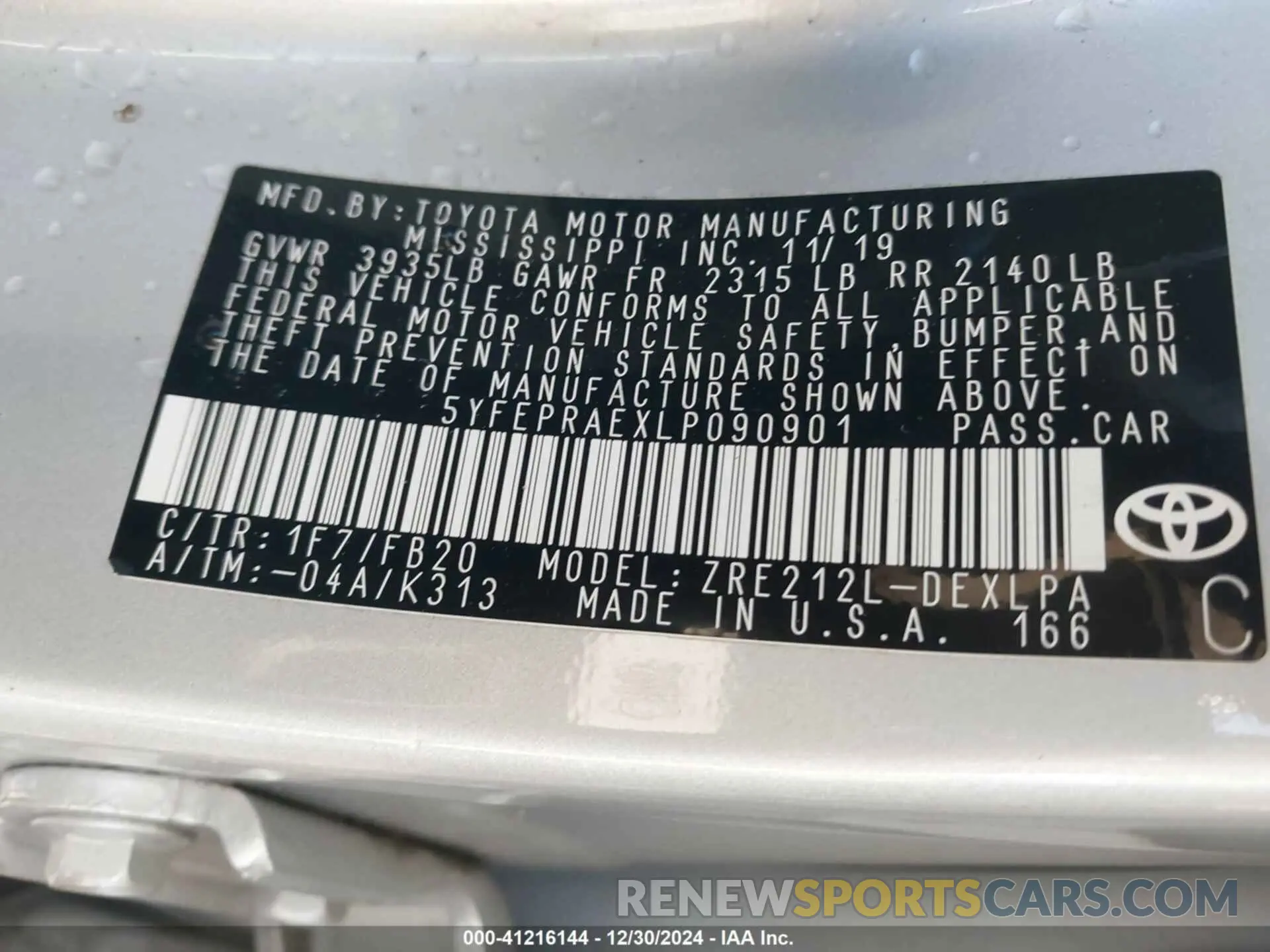 9 fotografías del automóvil dañado 5YFEPRAEXLP090901 TOYOTA COROLLA 2020