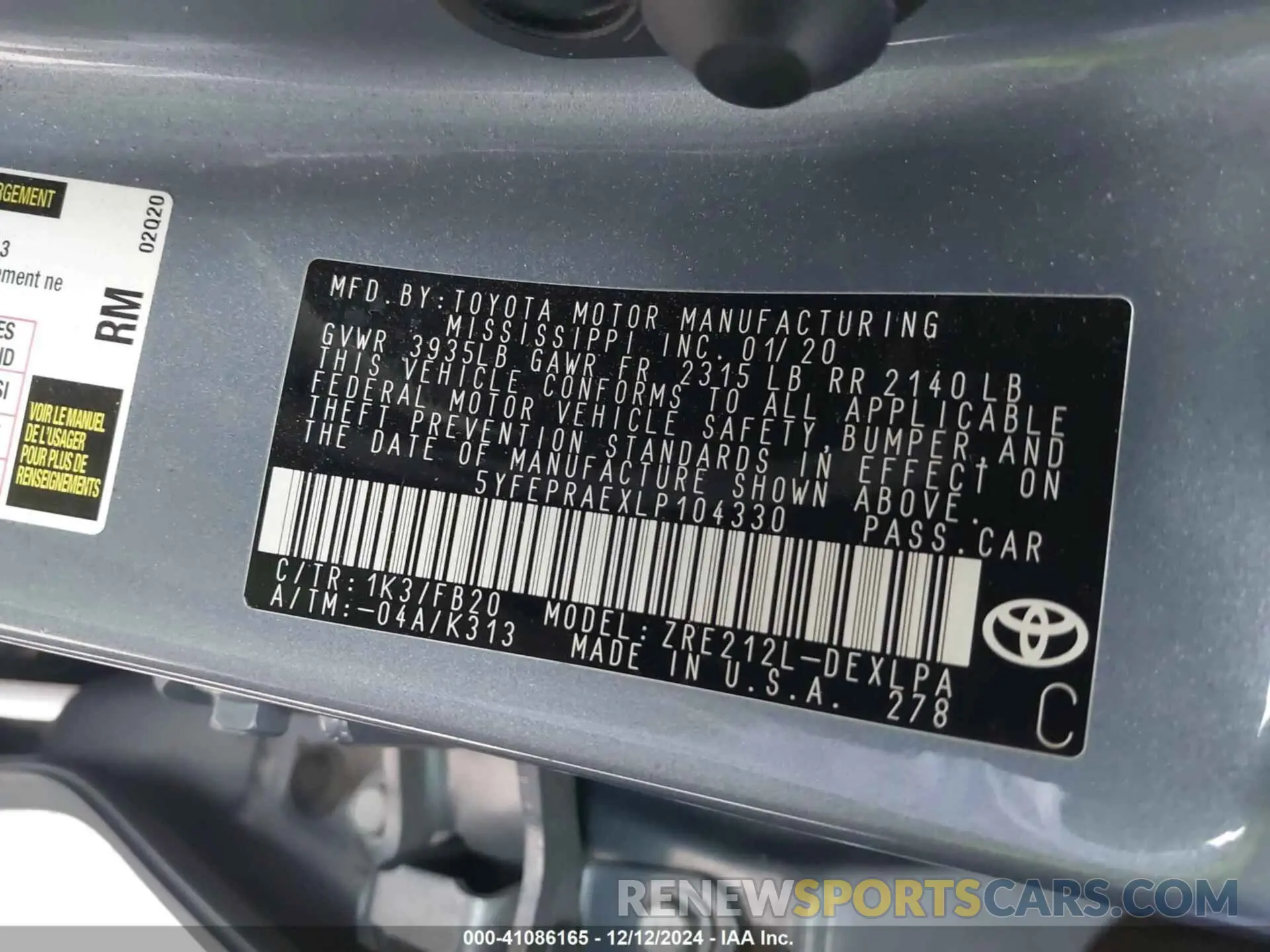 9 fotografías del automóvil dañado 5YFEPRAEXLP104330 TOYOTA COROLLA 2020
