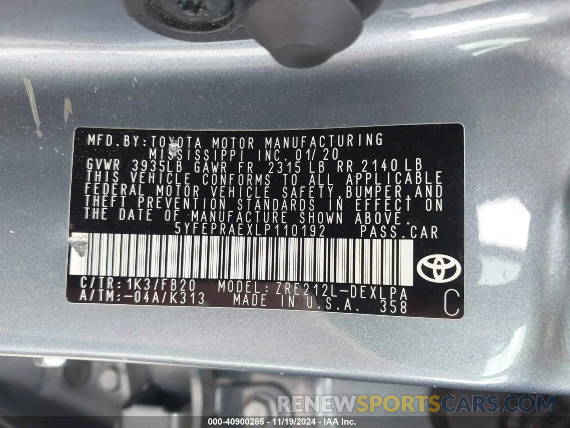 9 fotografías del automóvil dañado 5YFEPRAEXLP110192 TOYOTA COROLLA 2020