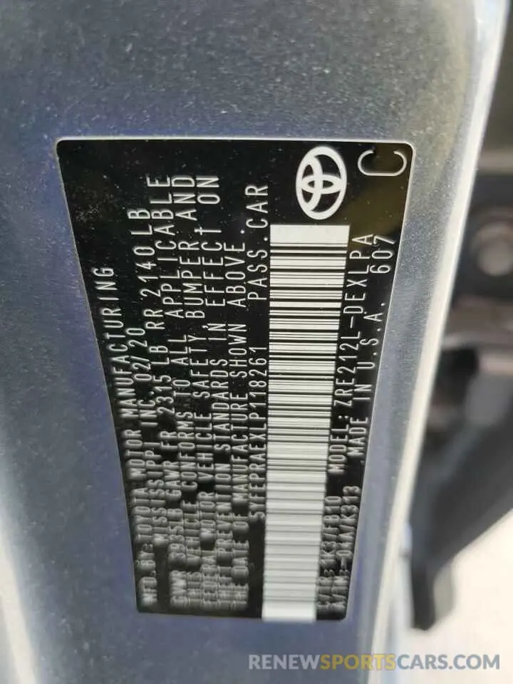 15 fotografías del automóvil dañado 5YFEPRAEXLP118261 TOYOTA COROLLA 2020