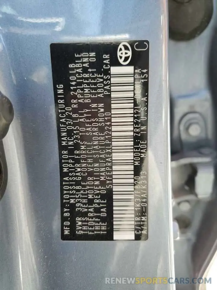 13 fotografías del automóvil dañado 5YFEPRAEXLP122410 TOYOTA COROLLA 2020