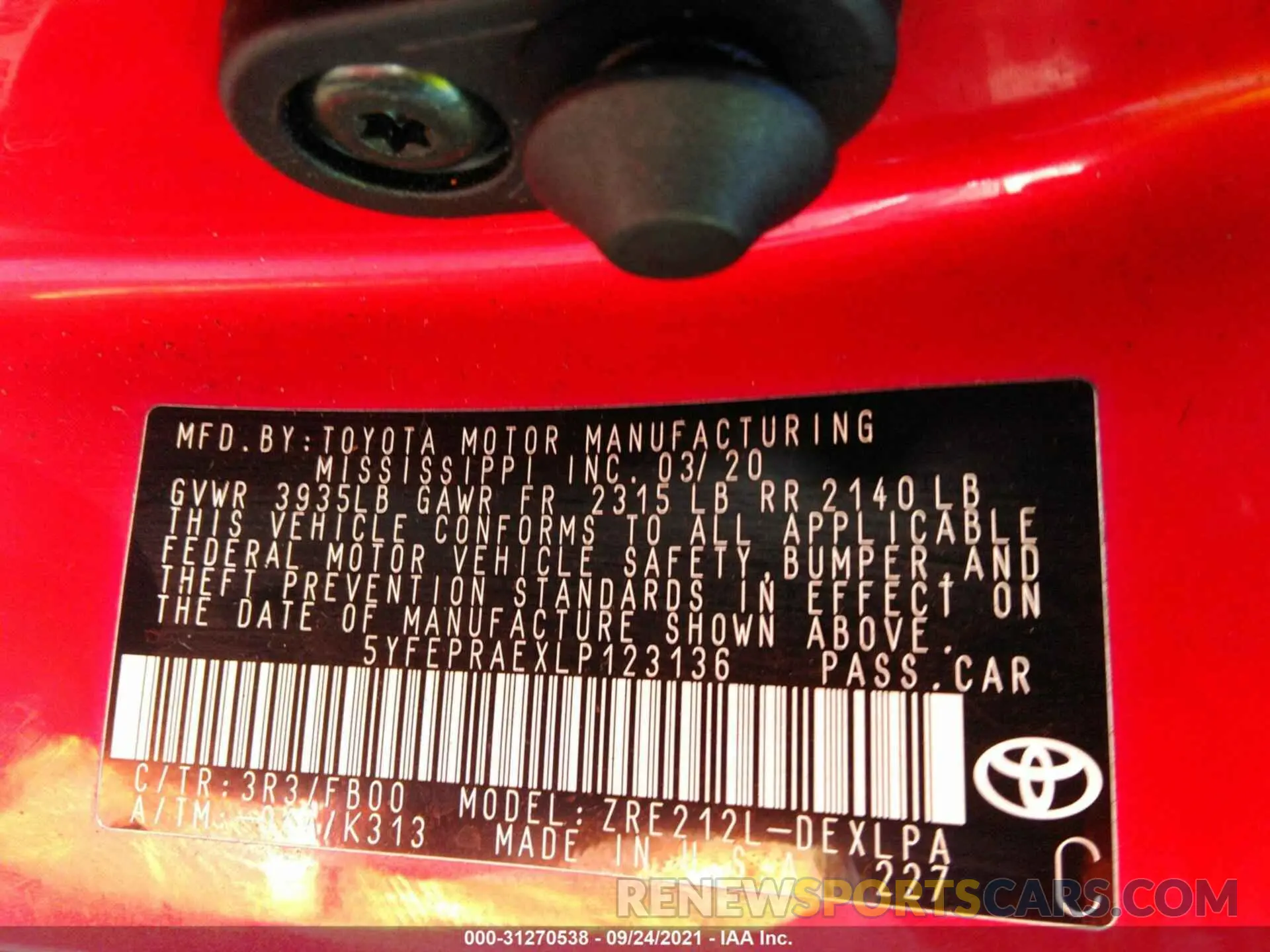9 fotografías del automóvil dañado 5YFEPRAEXLP123136 TOYOTA COROLLA 2020
