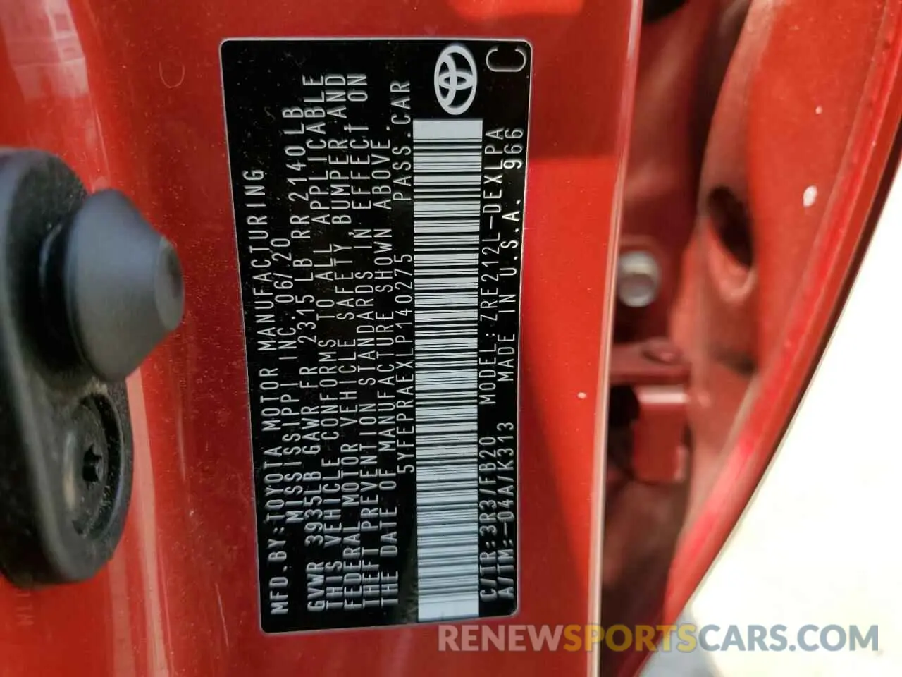 13 fotografías del automóvil dañado 5YFEPRAEXLP140275 TOYOTA COROLLA 2020